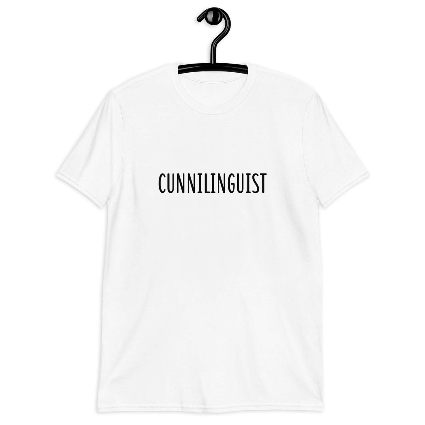 White t-shirt with the word Cunnilinguist printed on the front.