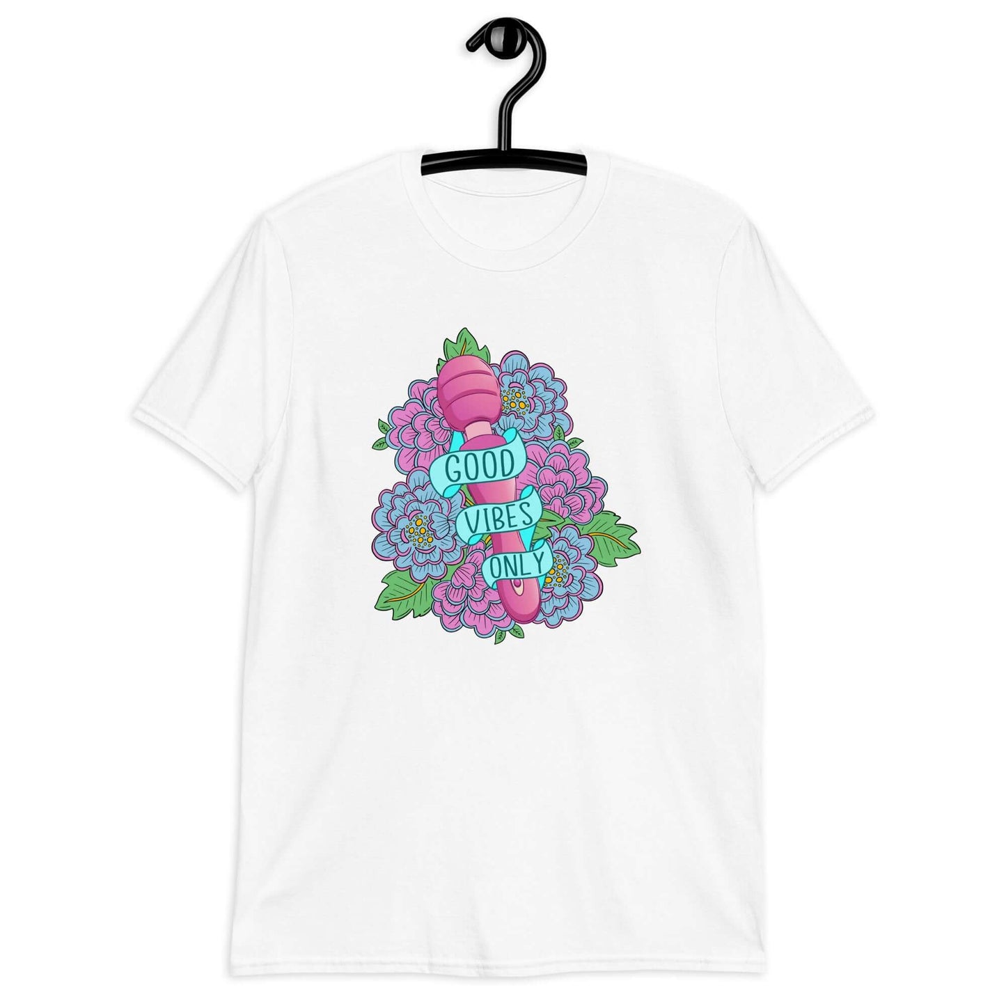 White t-shirt with graphic design that has the words Good vibes only layered over a pink wand vibrator with flowers around. The graphic design is printed on the front of the shirt.