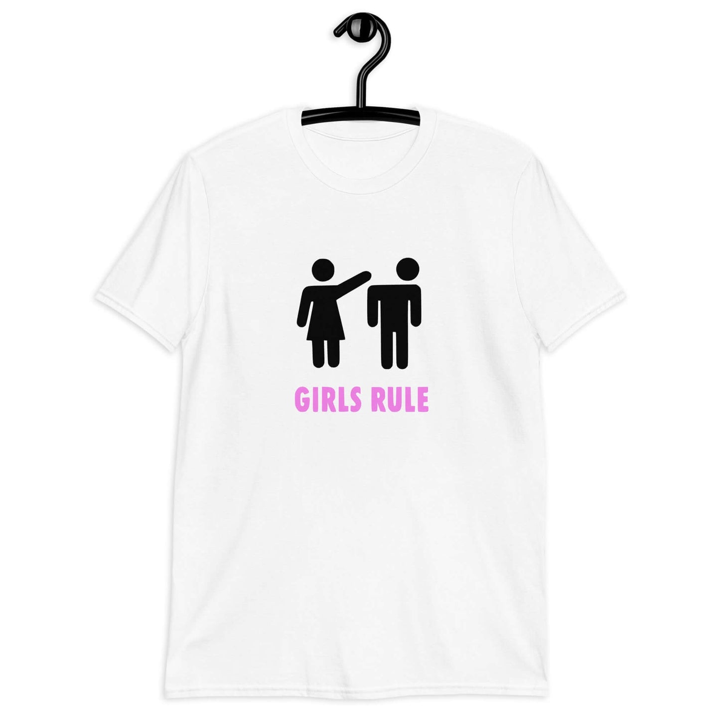 White t-shirt with an image of a stick figure man and woman. The stick woman is punching the stick mans head off and the words Girls rule is printed beneath in hot pink. The graphics are printed on the front of the shirt.