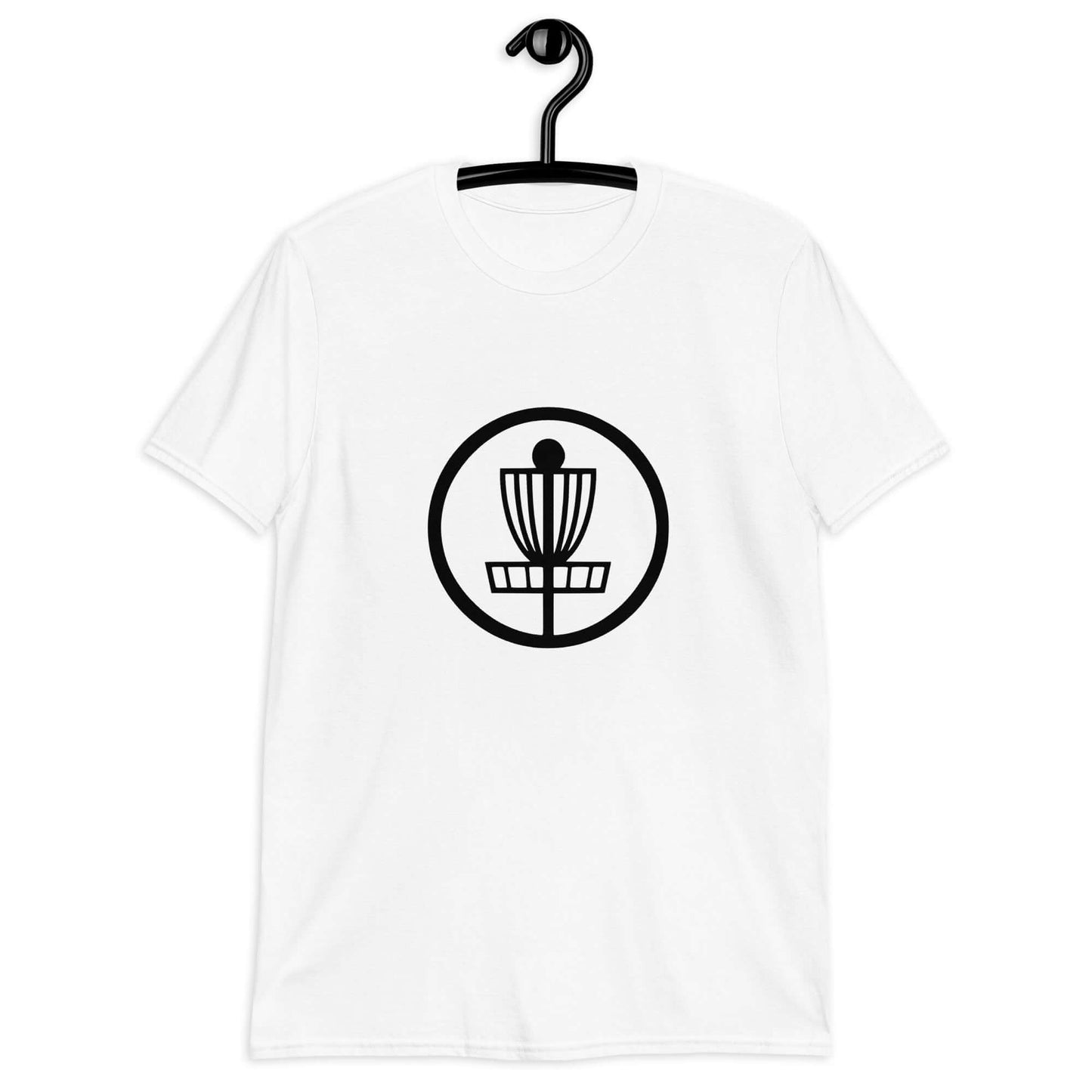 White t-shirt with an image of disc golf basket silhouette with a circle around it printed on the front.