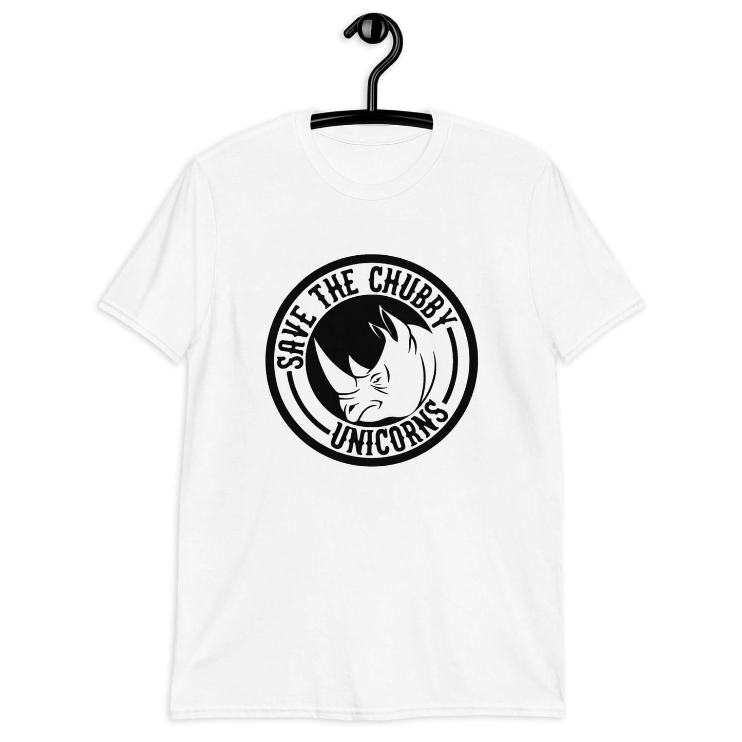 White t-shirt with a funny graphic of a rhinoceros & the words Save the chubby unicorns printed on the front.