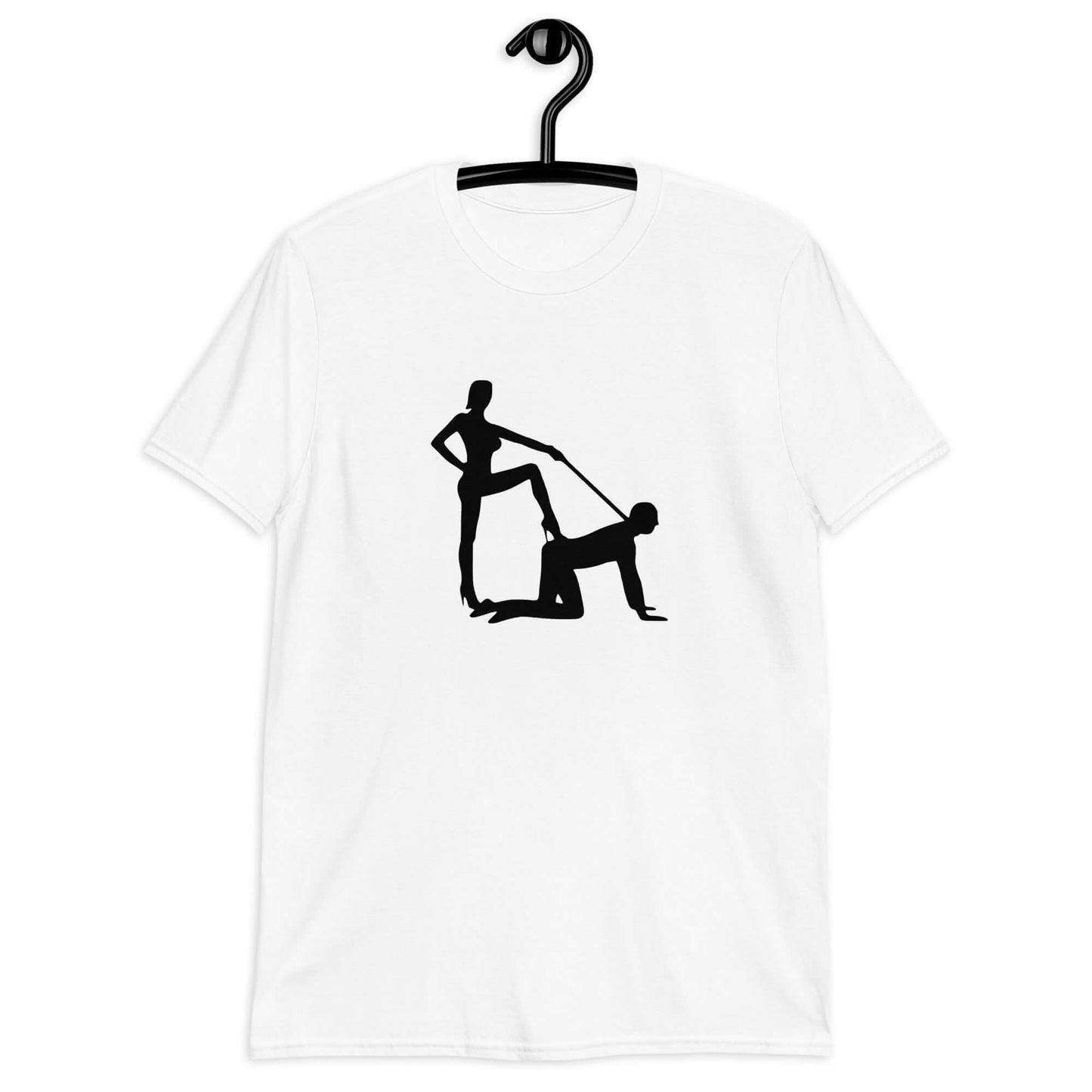 White t-shirt with the image of a silhouette of a man on his hands and knees and a dominatrix holding his leash printed on the front.