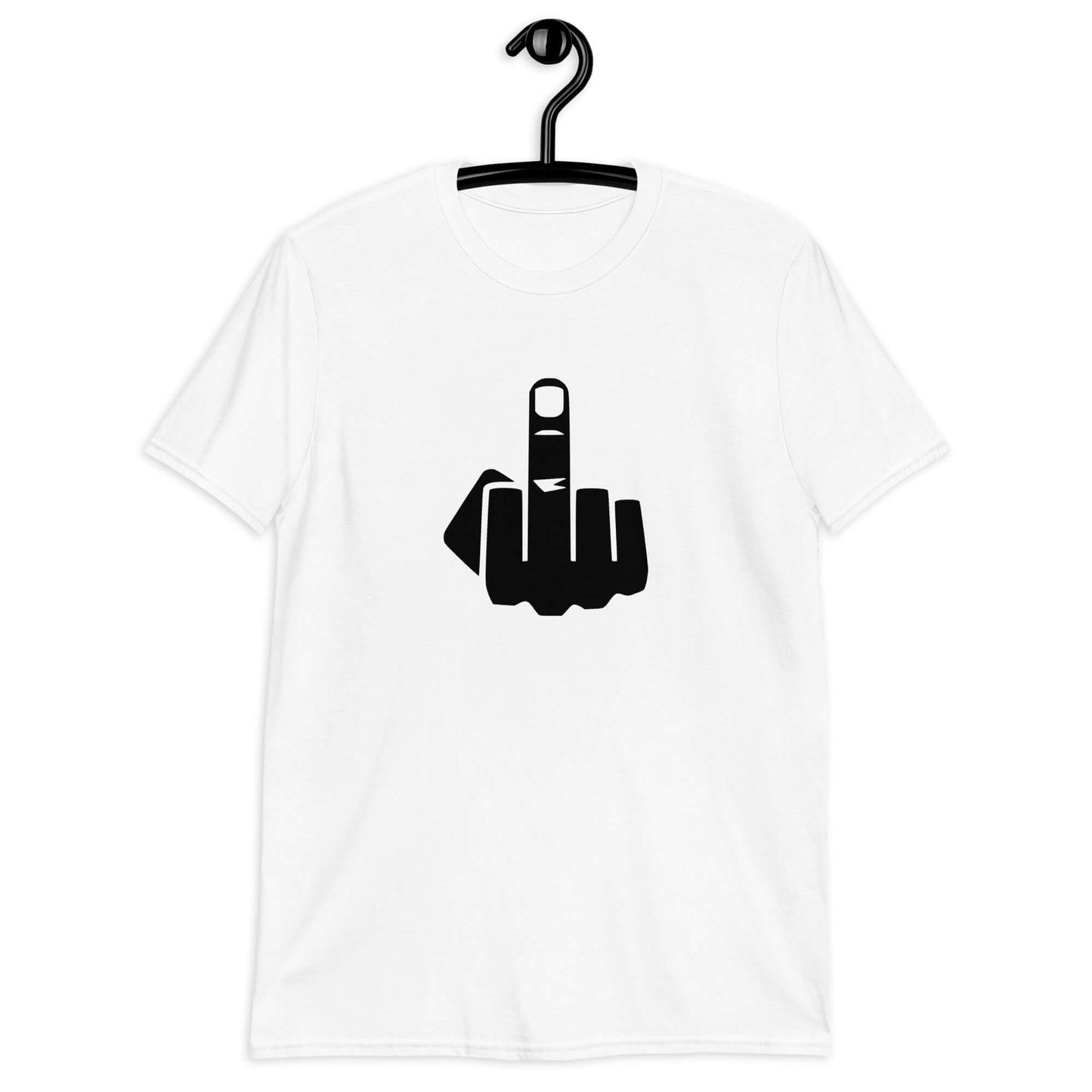 White t-shirt with an image of middle finger silhouette printed on the front.