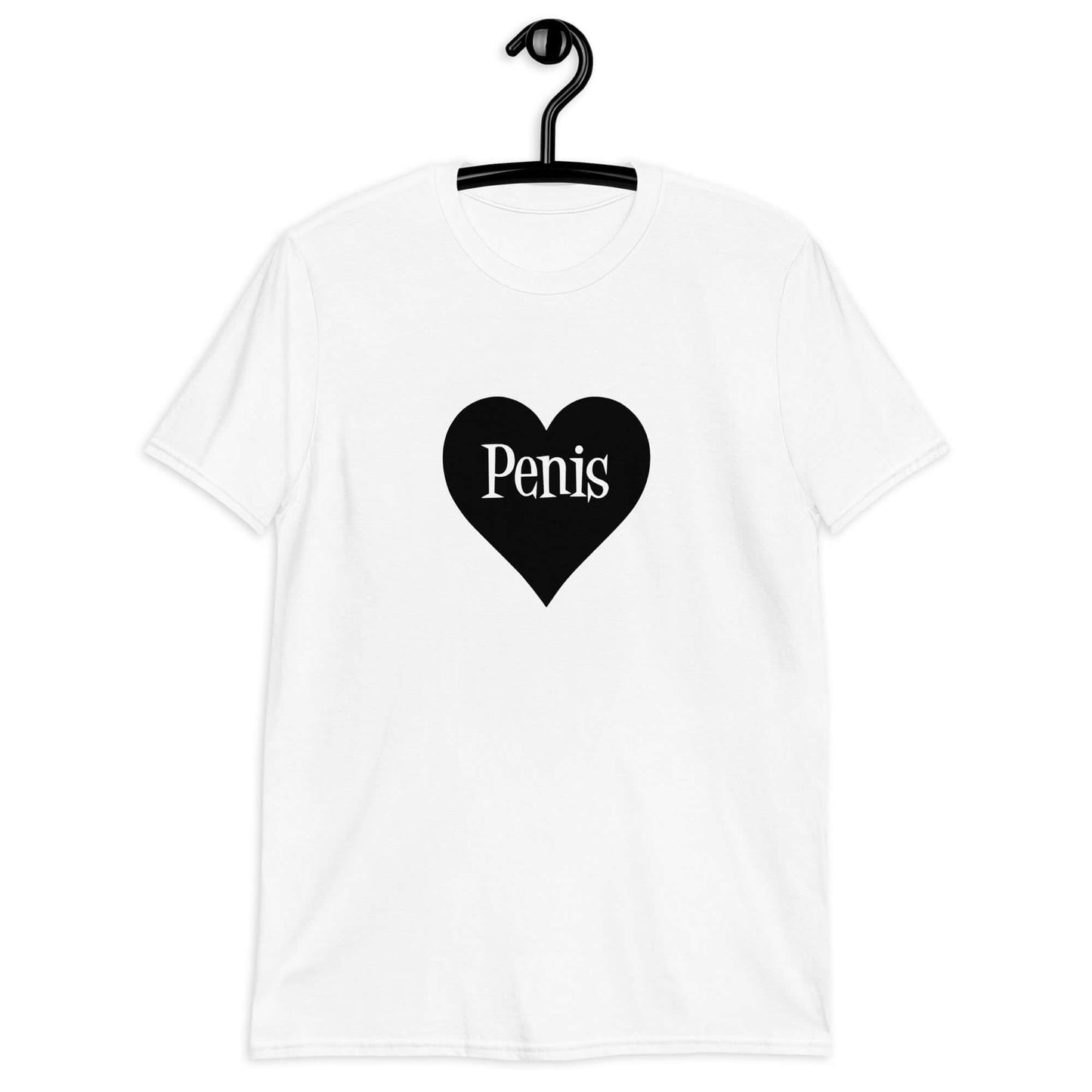 White t-shirt with a heart image printed on the front. The word penis is inside the heart