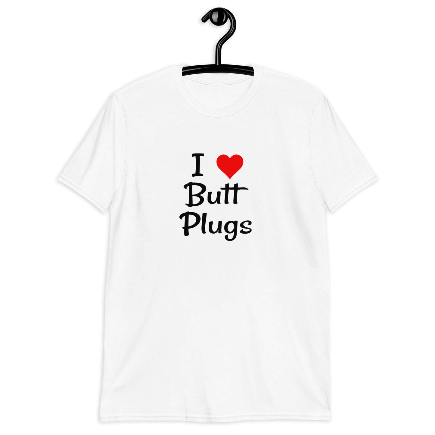 White t-shirt with I heart butt plugs printed on the front.