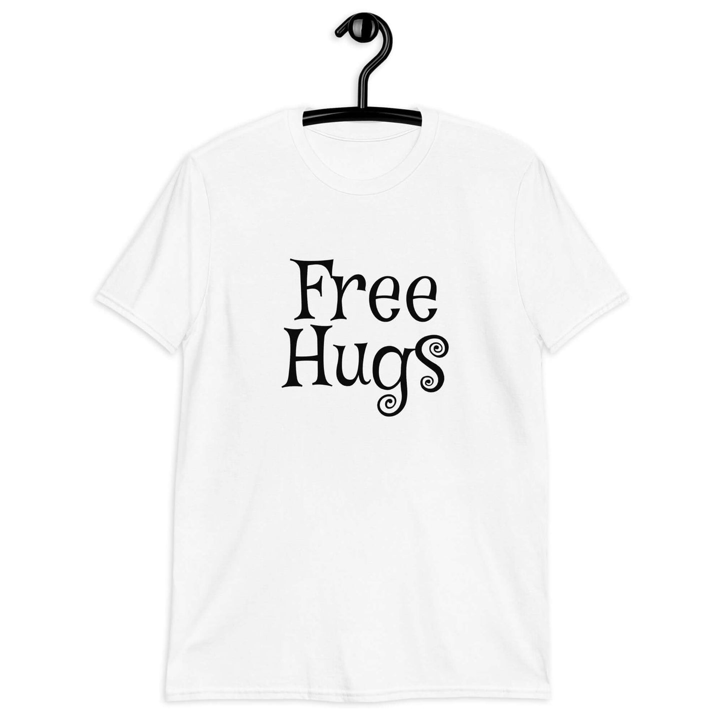 White t-shirt with the words Free Hugs printed on the front.