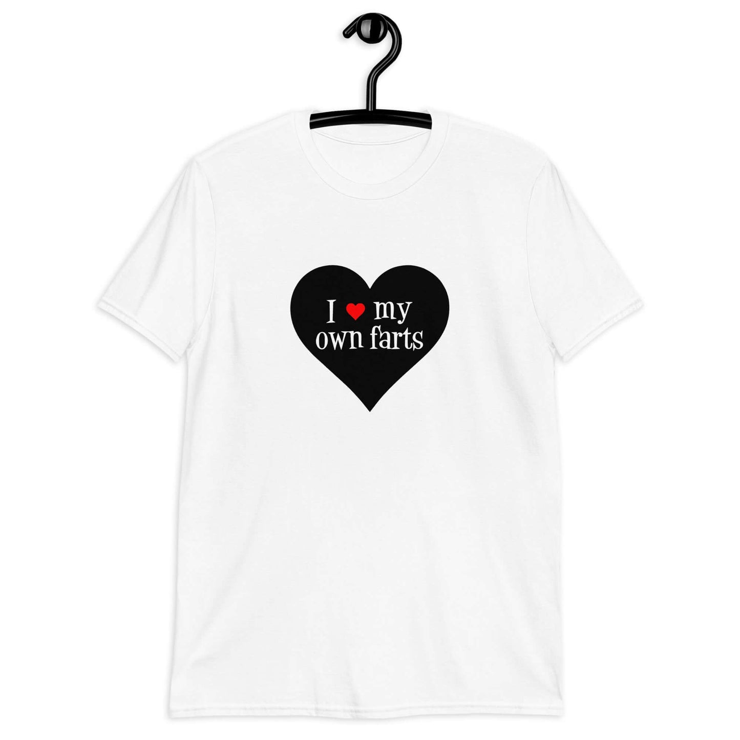 White t-shirt with I heart my own farts printed on the front. The words are printed inside of a larger heart image.