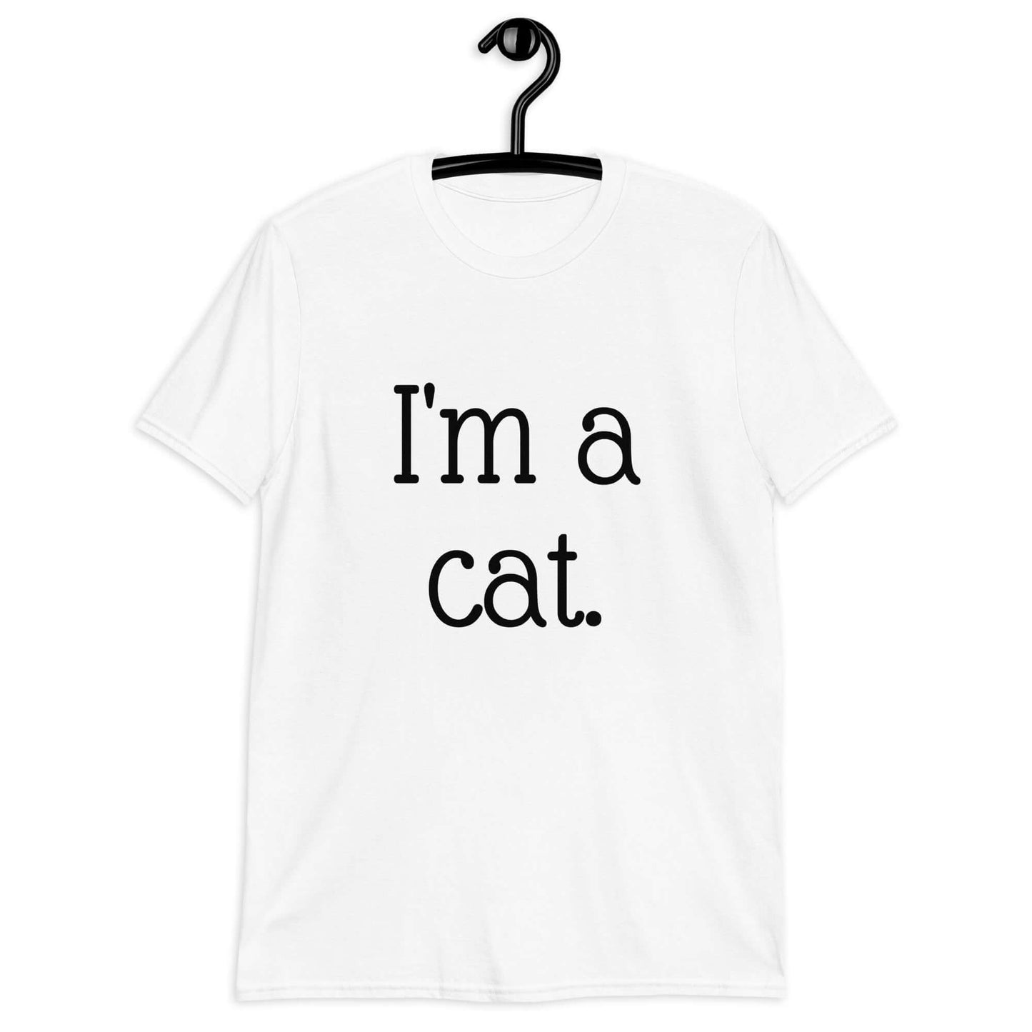 White t-shirt with the words I'm a cat printed on the front.