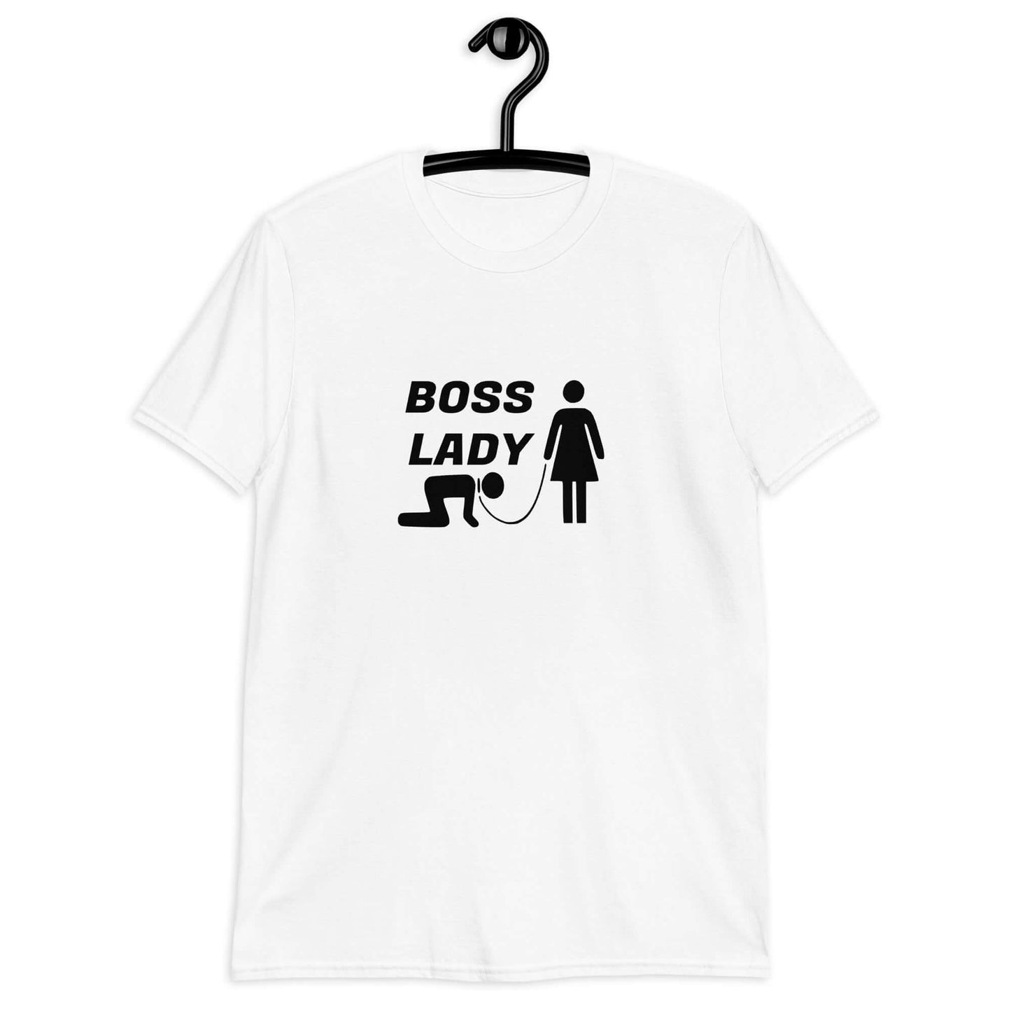 White t-shirt with graphic of collared and leashed man on his hands and knees being led by a woman and the words Boss lady above. The graphics are printed on the front of the shirt.