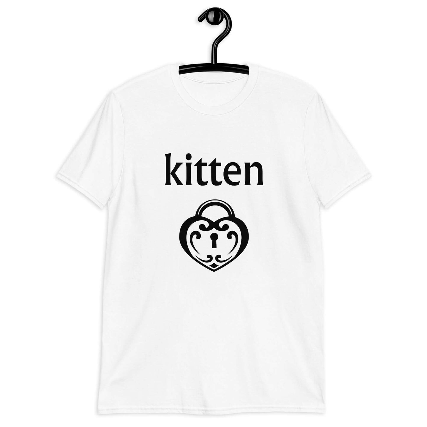 White t-shirt with an image of a heart shaped lock and the word kitten printed on the front.