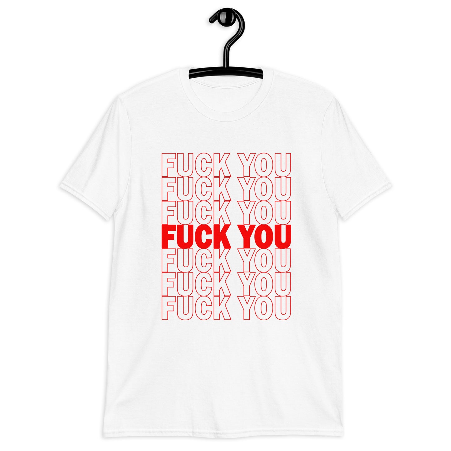 White t-shirt. The t-shirt has a parody graphic of a generic grocery store bag that traditionally have Thank you printed all over but it says Fuck you instead of Thank you. The graphics are printed in red on the front of the shirt.