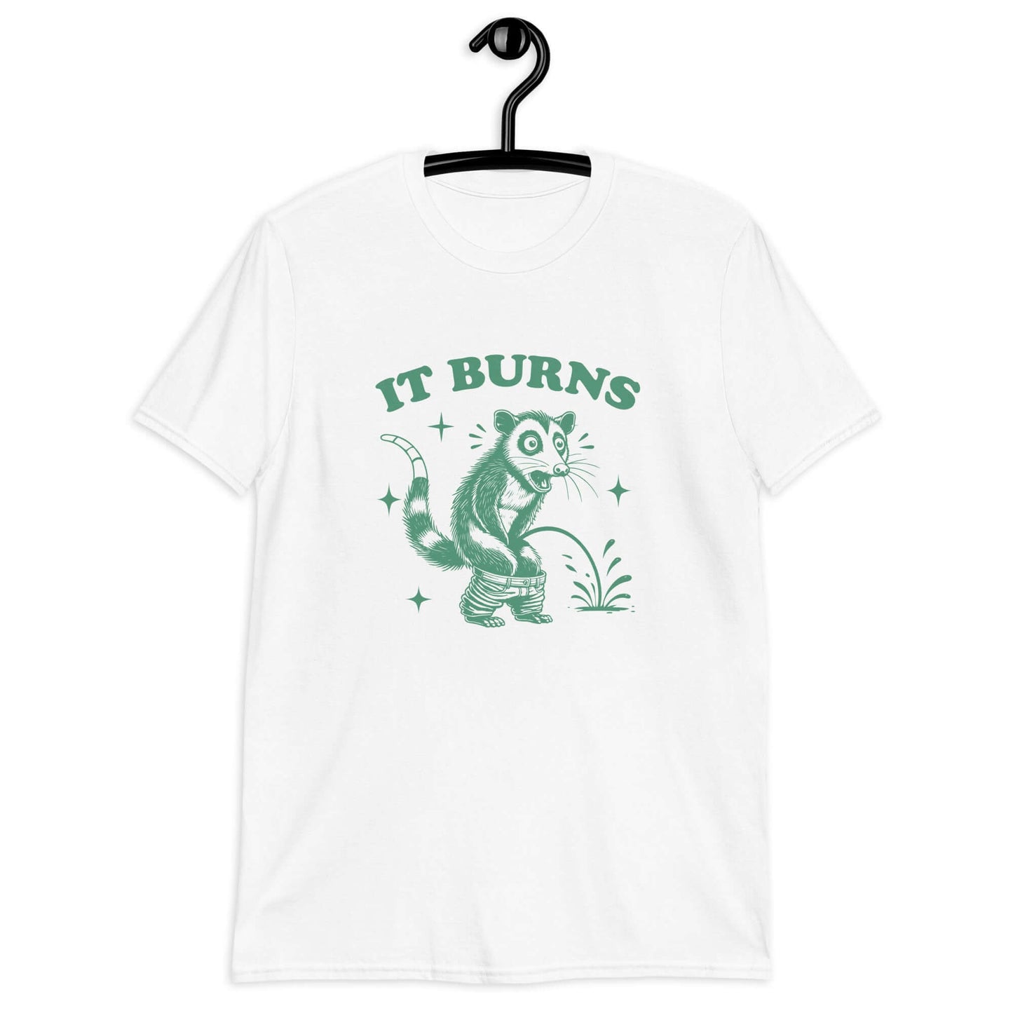 White t-shirt with an image of an opossum peeing. The words It burns are printed above.