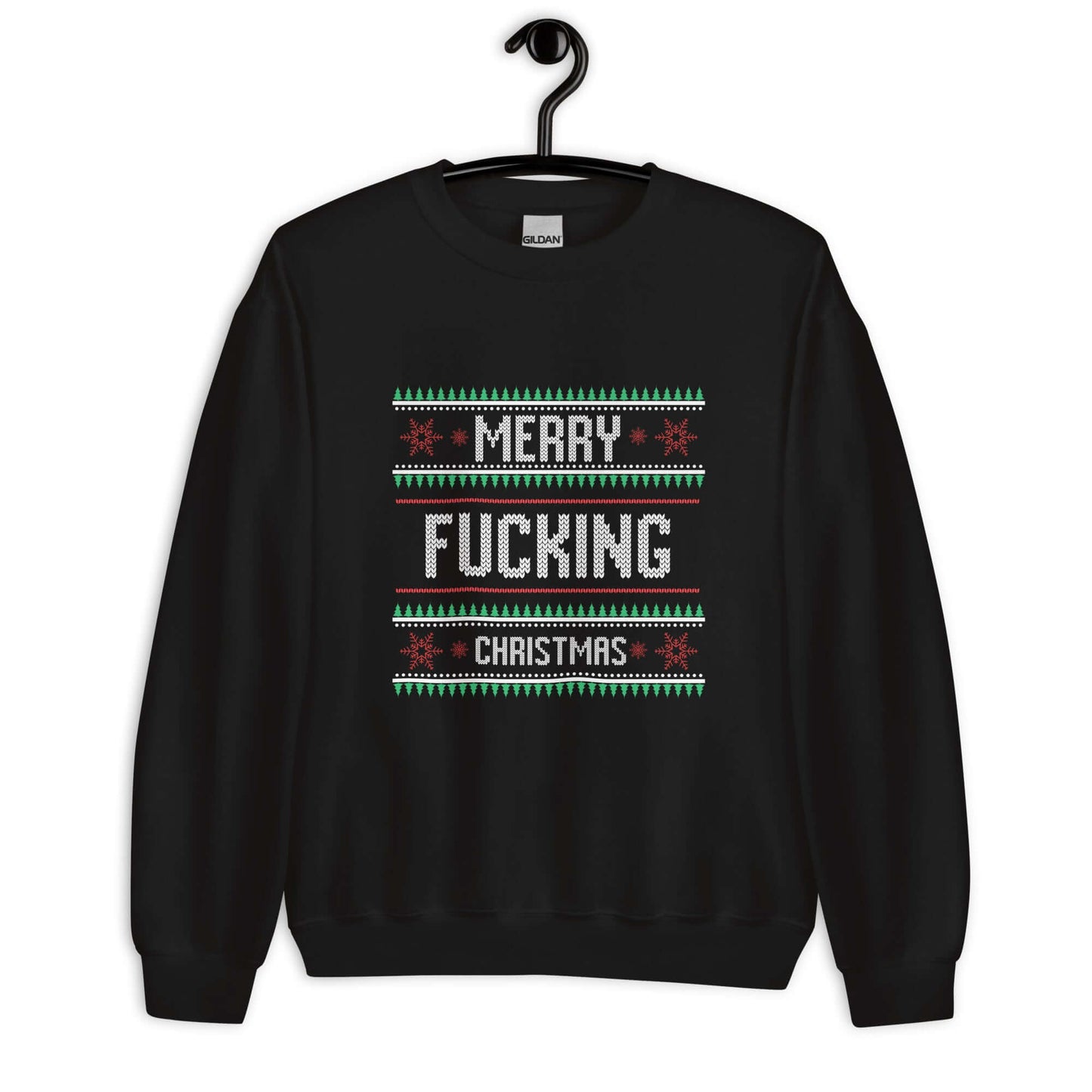 Black crewneck sweatshirt with the phrase Merry fucking Christmas printed on the front in sweater print font.