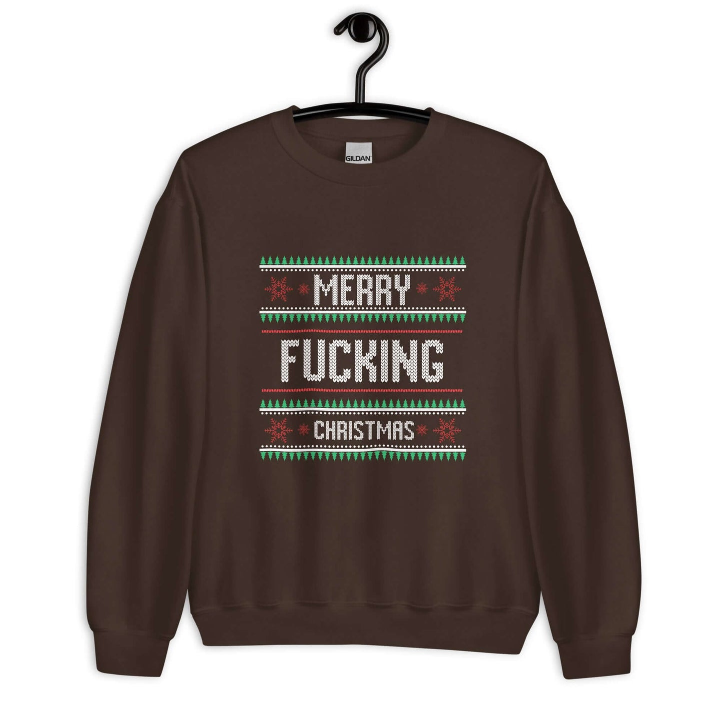 Dark chocolate brown crewneck sweatshirt with the phrase Merry fucking Christmas printed on the front in sweater print font.