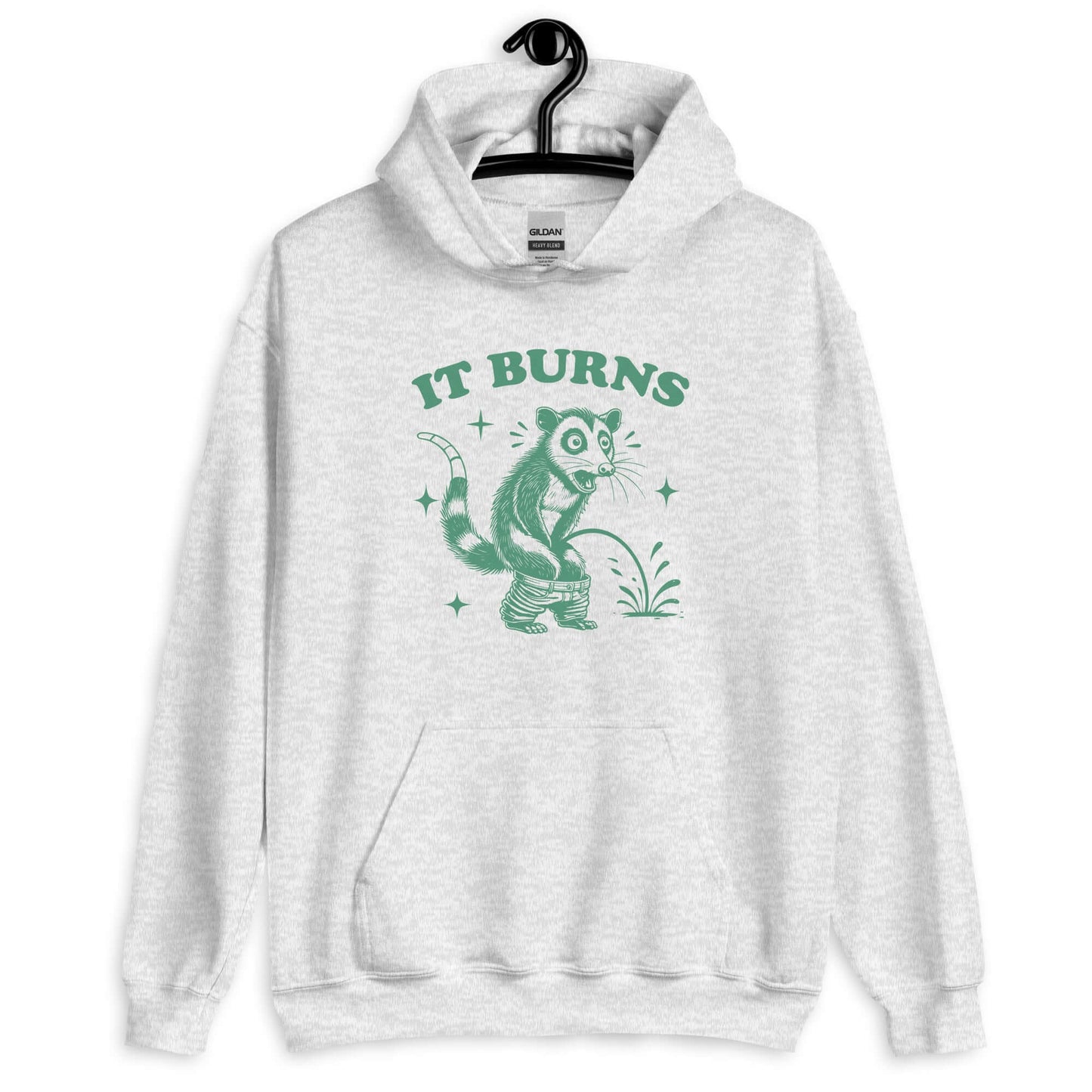 Ash color hoodie sweatshirt with an image of an opossum peeing. The words It burns are printed above.