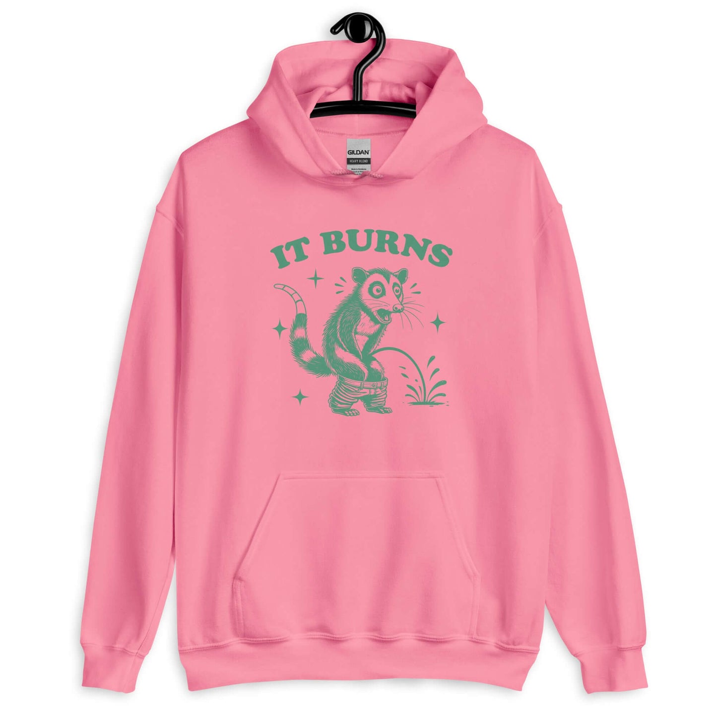 Azalea color hoodie sweatshirt with an image of an opossum peeing. The words It burns are printed above.