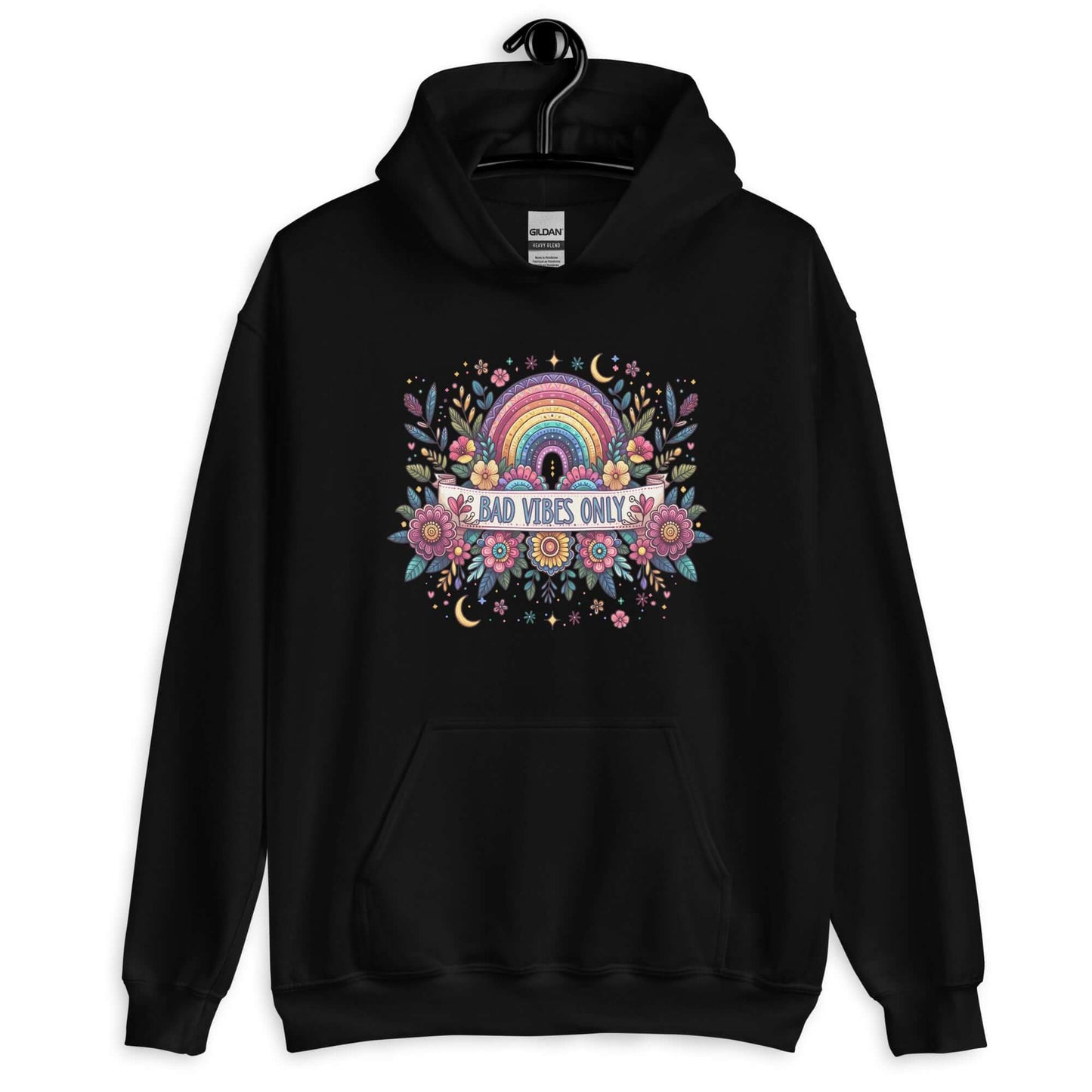Black hoodie sweatshirt with a colorful boho rainbow floral design and the phrase Bad Vibes Only printed on the front.