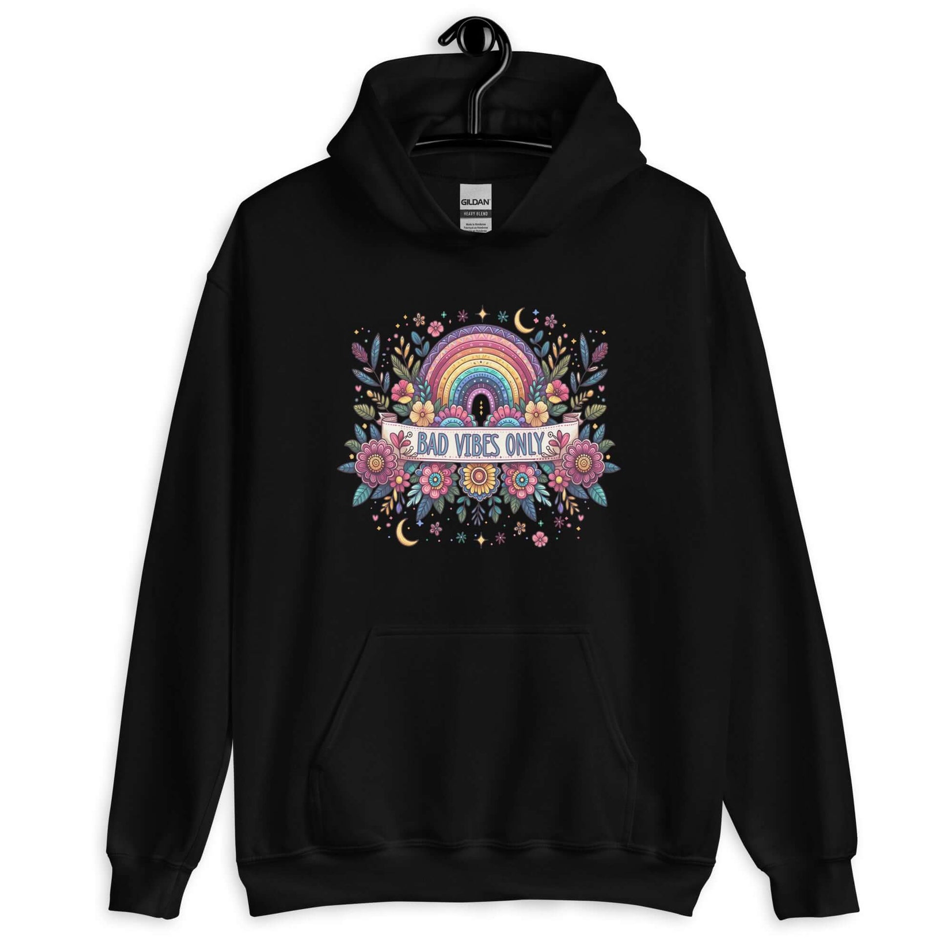 Black hoodie sweatshirt with a colorful boho rainbow floral design and the phrase Bad Vibes Only printed on the front.