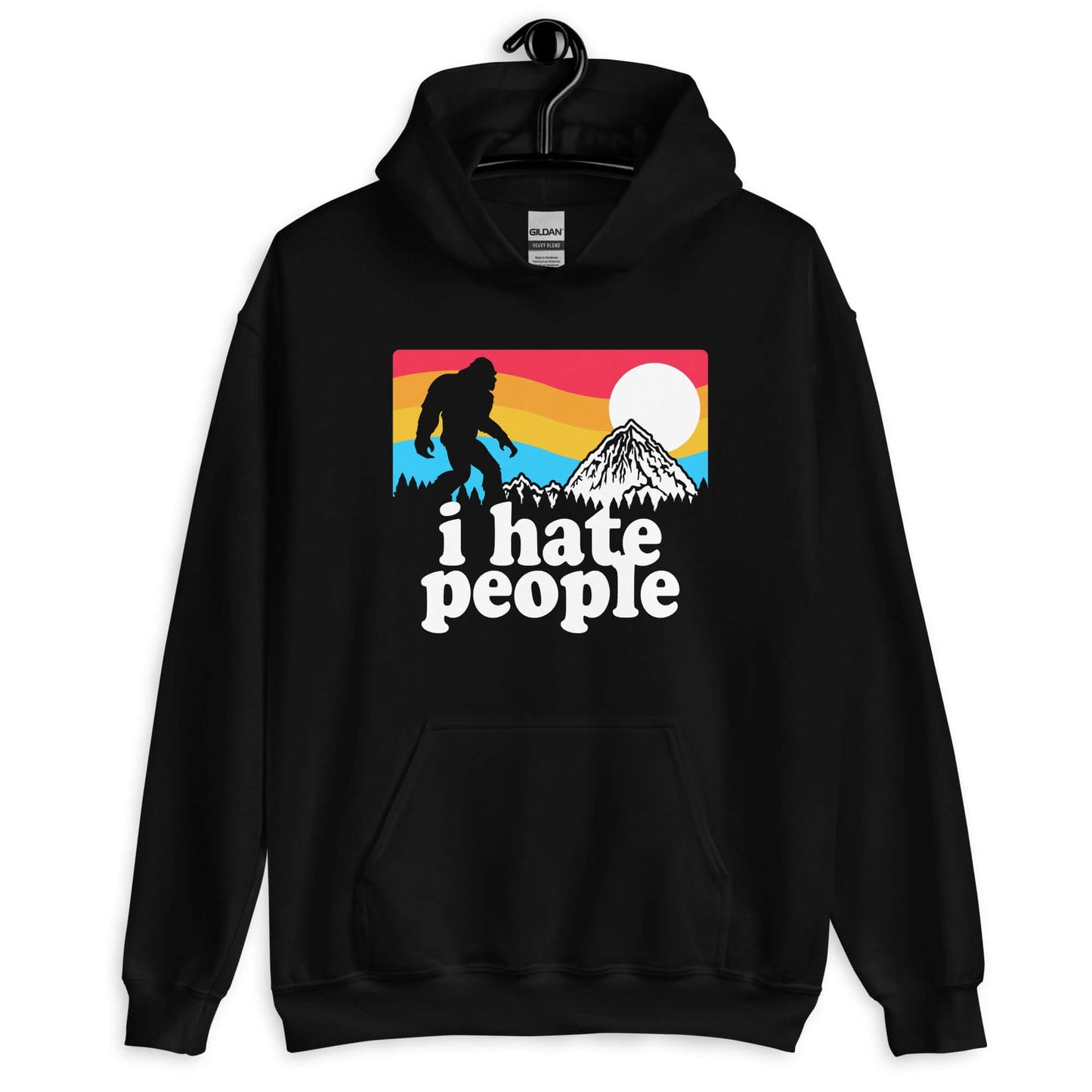 Black hoodie sweatshirt with graphic of Bigfoot walking into the sunset with the words I hate people printed on the front.
