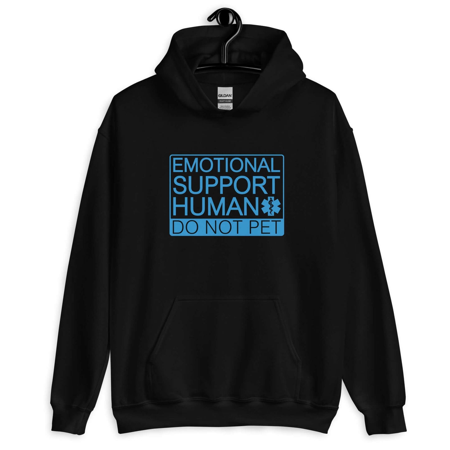 Black hoodie sweatshirt with the words Emotional support human, do not pet printed on the front.