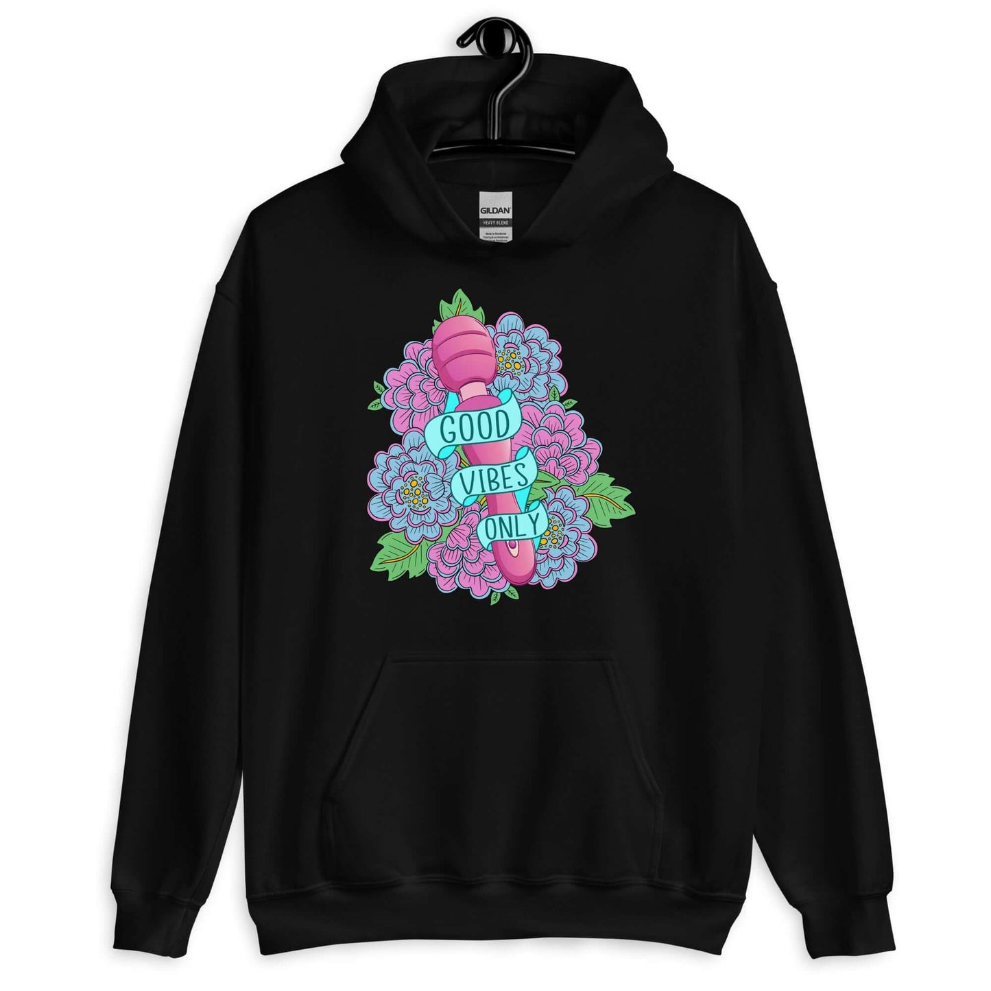 Black hoodie sweatshirt with graphic design that has the words Good vibes only layered over a pink wand vibrator with flowers around. The graphic design is printed on the front of the hoodie.