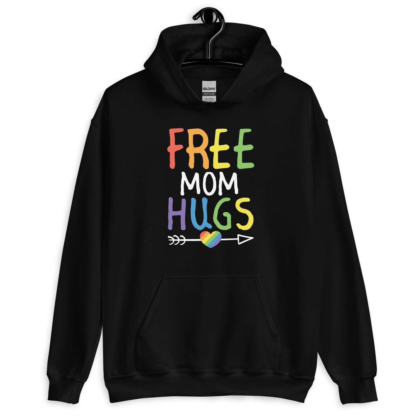 Black hoodie sweatshirt with the phrase Free Mom hugs in rainbow lettering printed on the front.
