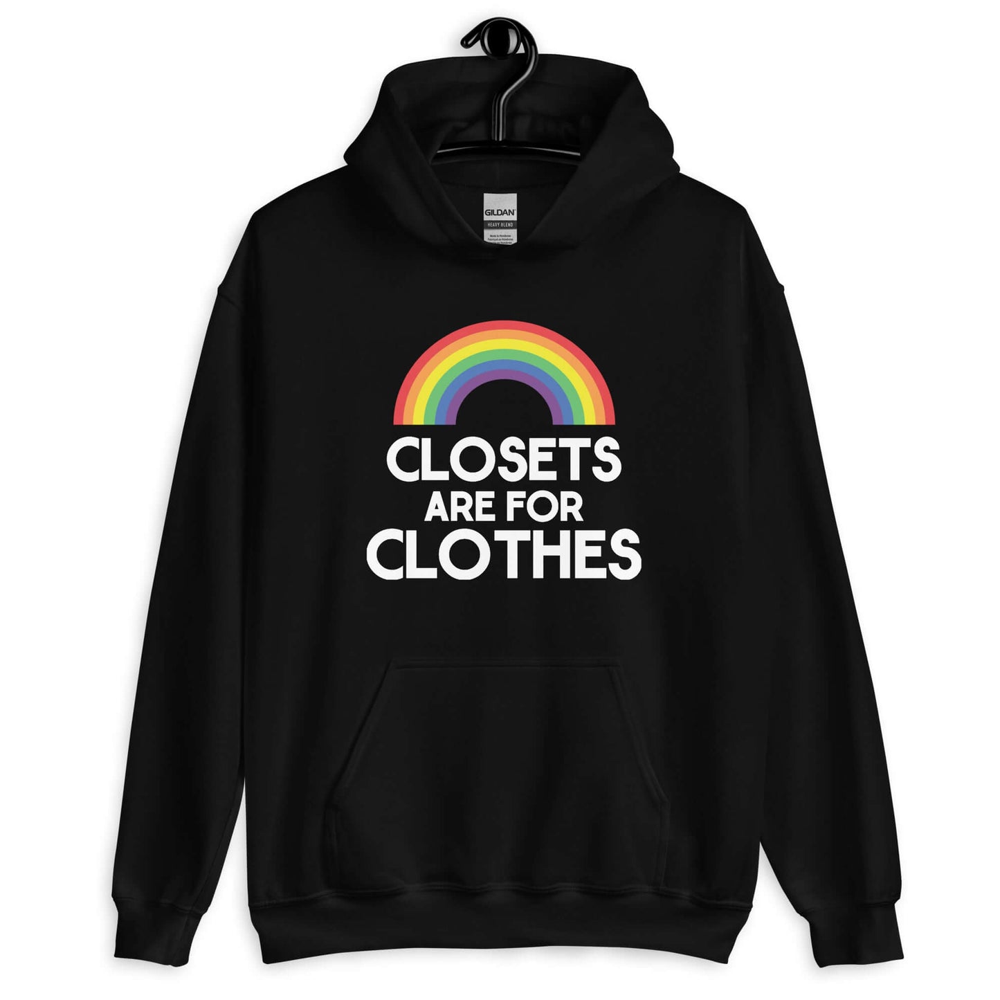 Black hoodie sweatshirt with a rainbow and the words Clothes are for closets printed on the front.