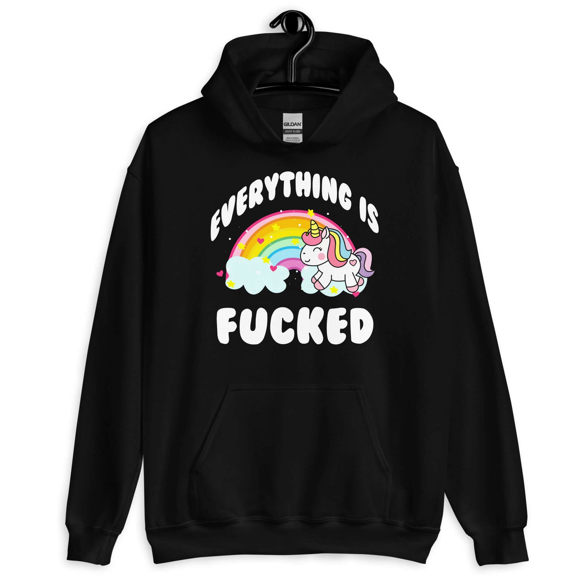 Black hoodie sweatshirt with a graphic of a kawaii style unicorn and a pastel rainbow with the words Everything is fucked printed on the front.