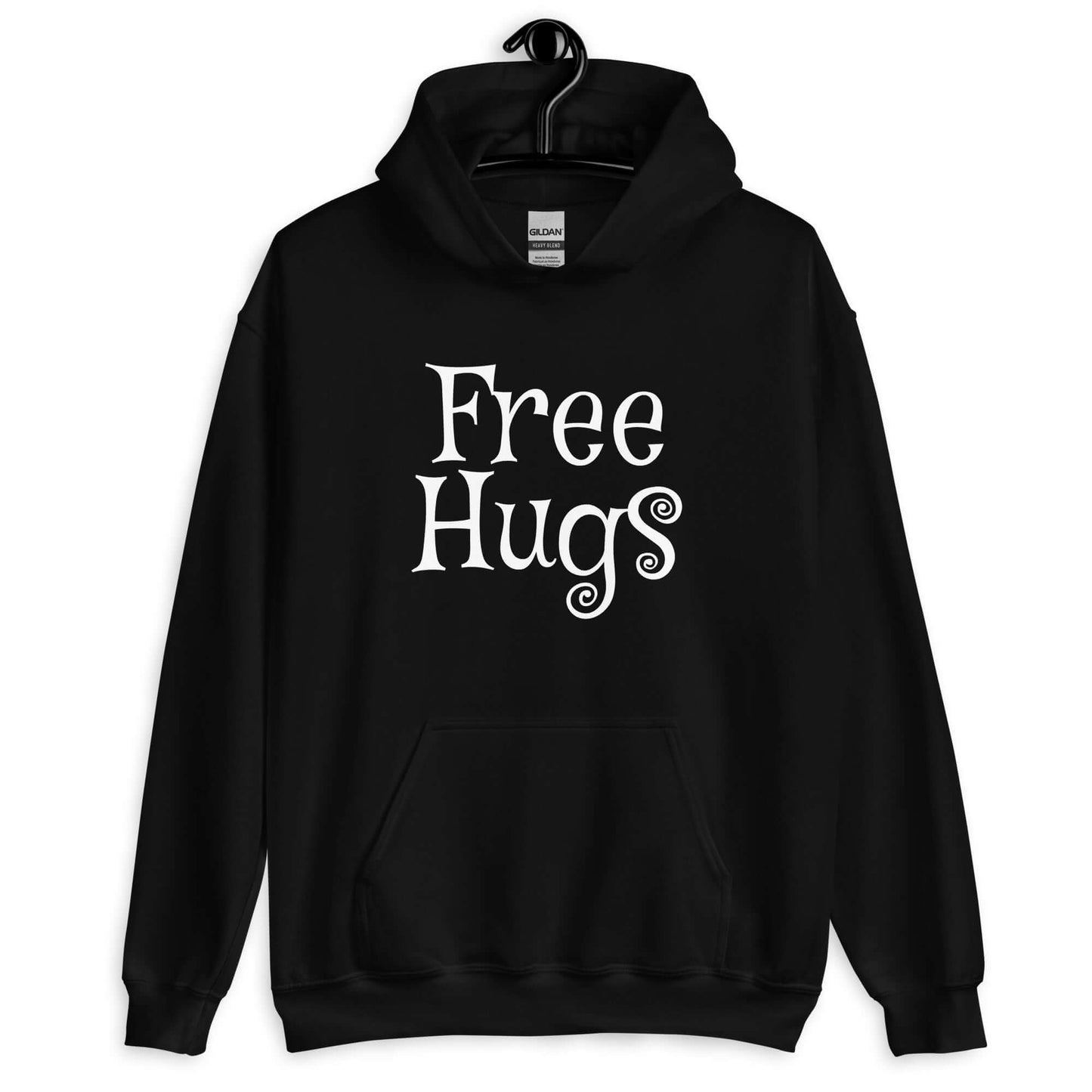 Black hoodie sweatshirt with the words Free Hugs printed on the front.