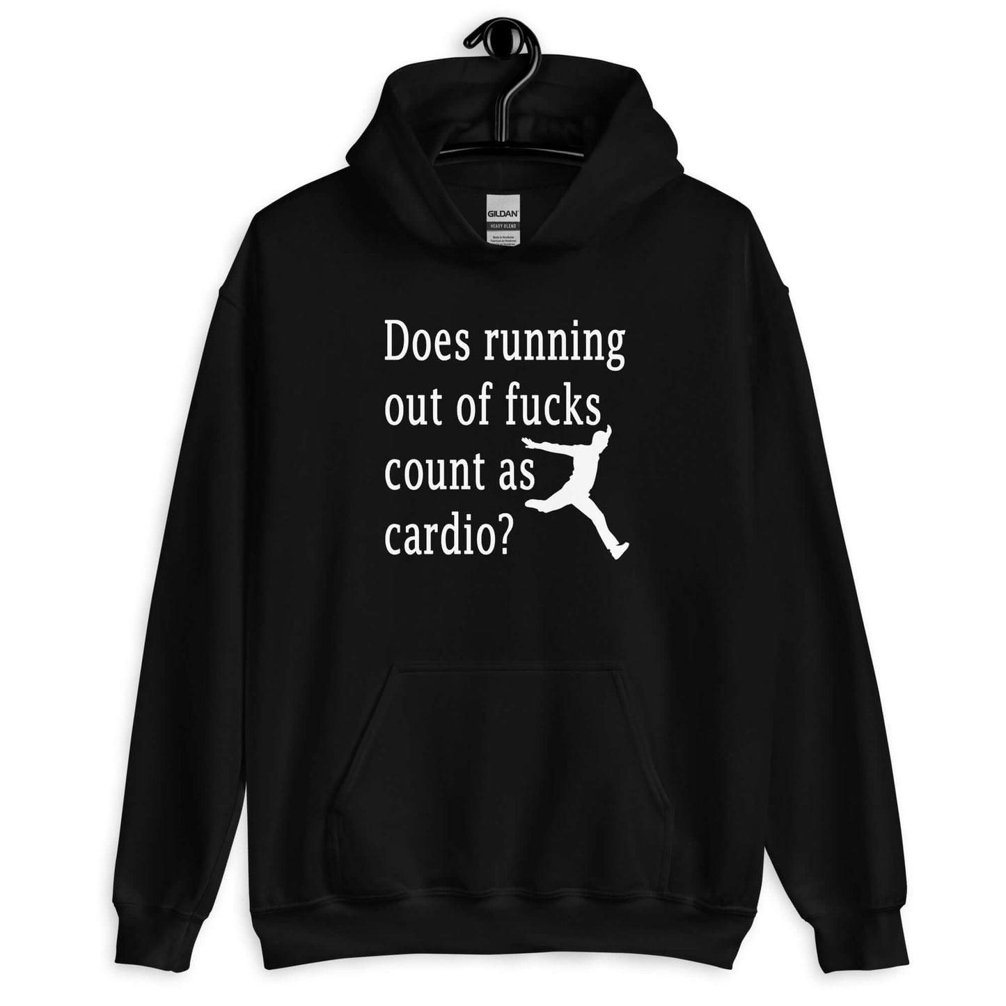 Black hoodie sweatshirt with a silhouette image of a running person with the phrase Does running out of fucks count as cardio question mark printed on the front.