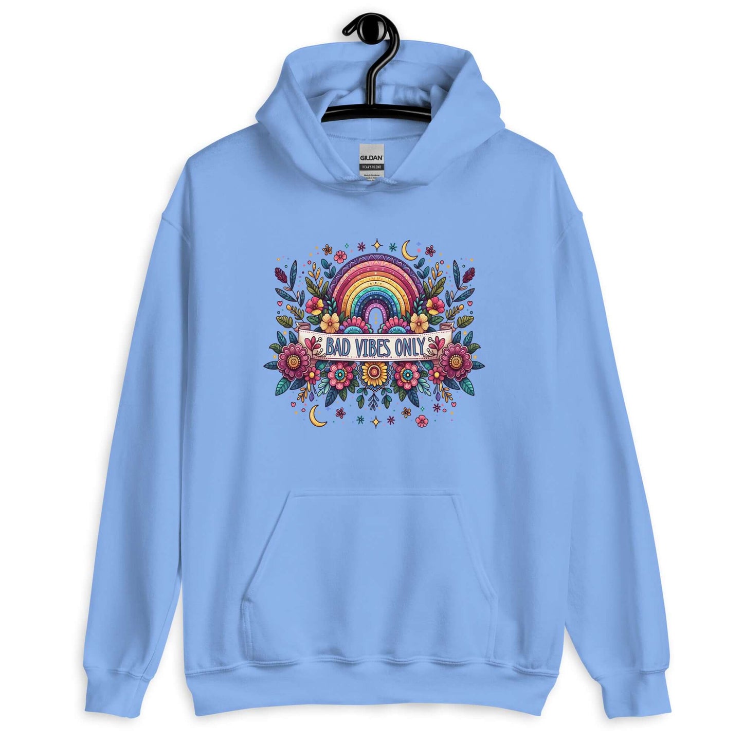Carolina blue hoodie sweatshirt with a colorful boho rainbow floral design and the phrase Bad Vibes Only printed on the front.