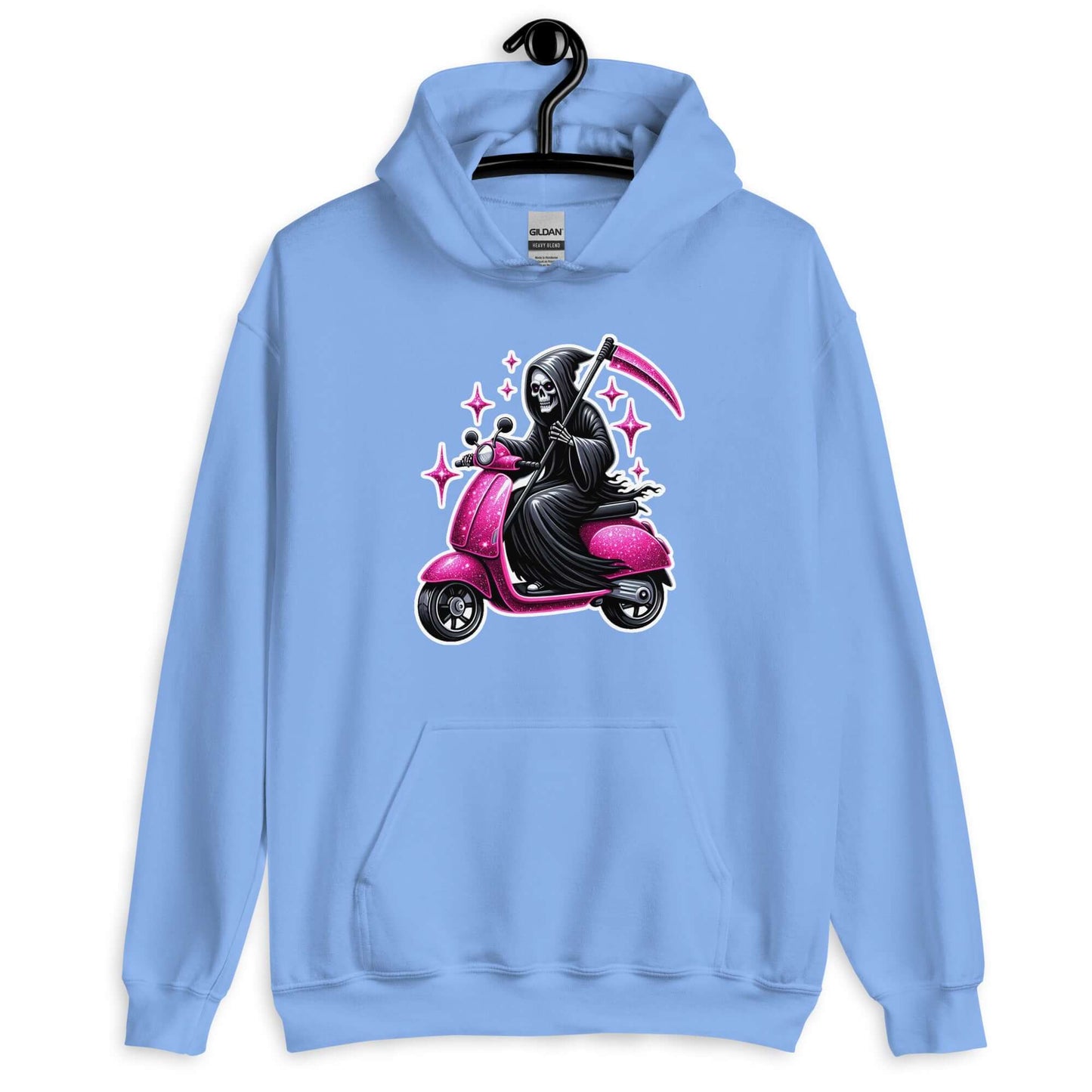 Carolina blue hoodie sweatshirt with funny image of the Grim Reaper riding on a glam pink scooter printed on the front.