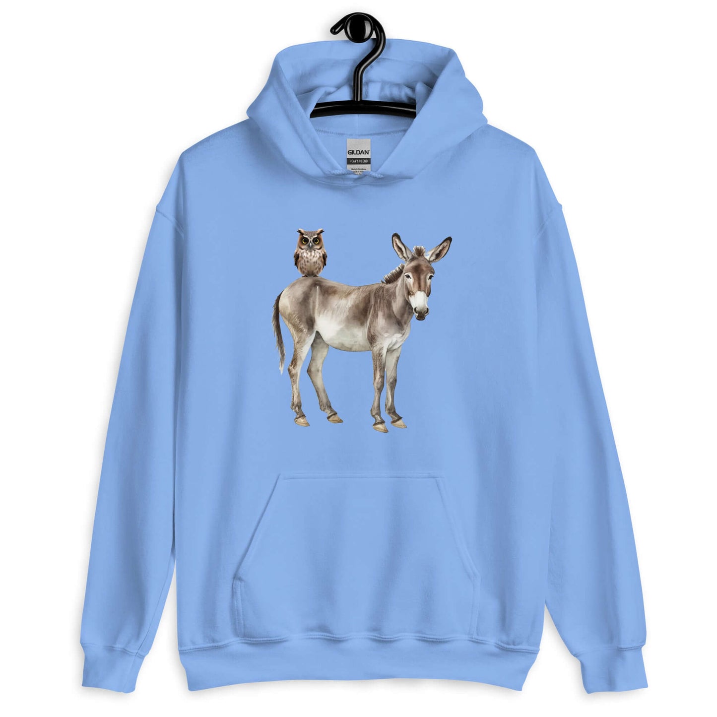 Carolina blue hoodie sweatshirt with image of a donkey with wise owl sitting on it. The graphic is printed on the front of the hoodie.