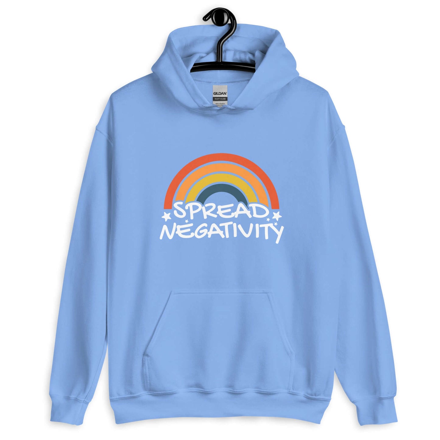 Carolina blue hoodie sweatshirt with a graphic of a rainbow and the words Spread negativity printed on the front.