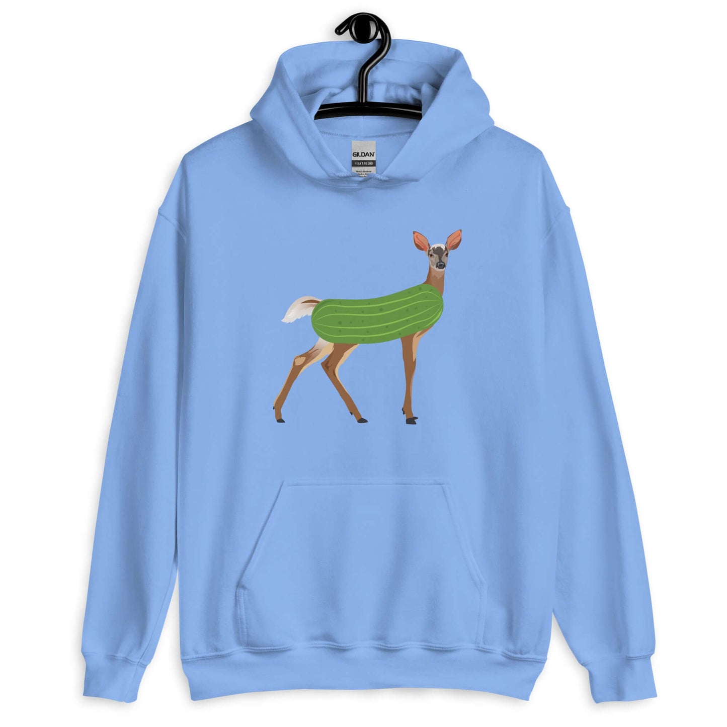 Carolina blue dildo pun hoodie sweatshirt with funny image of a doe deer with a dill pickle body printed on the front.