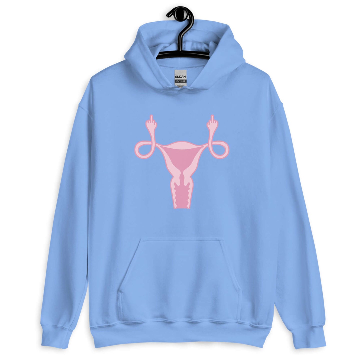 Carolina blue hoodie sweatshirt with image of a pink uterus flipping middle finger graphic printed on the front.