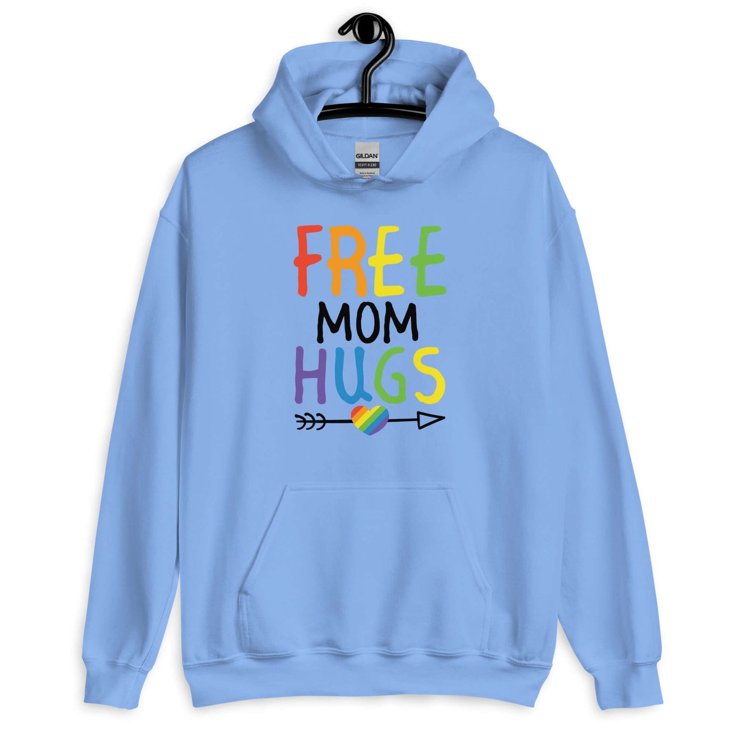 Carolina blue hoodie sweatshirt with the phrase Free Mom hugs in rainbow lettering printed on the front.