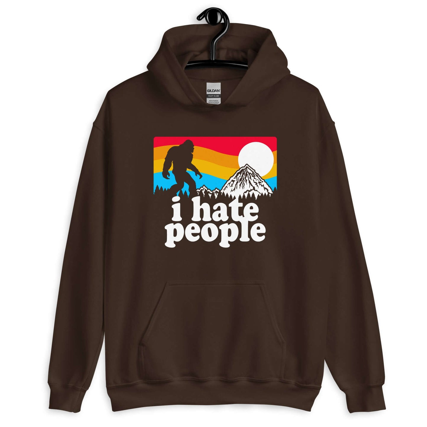 Dark chocolate brown hoodie sweatshirt with graphic of Bigfoot walking into the sunset with the words I hate people printed on the front.