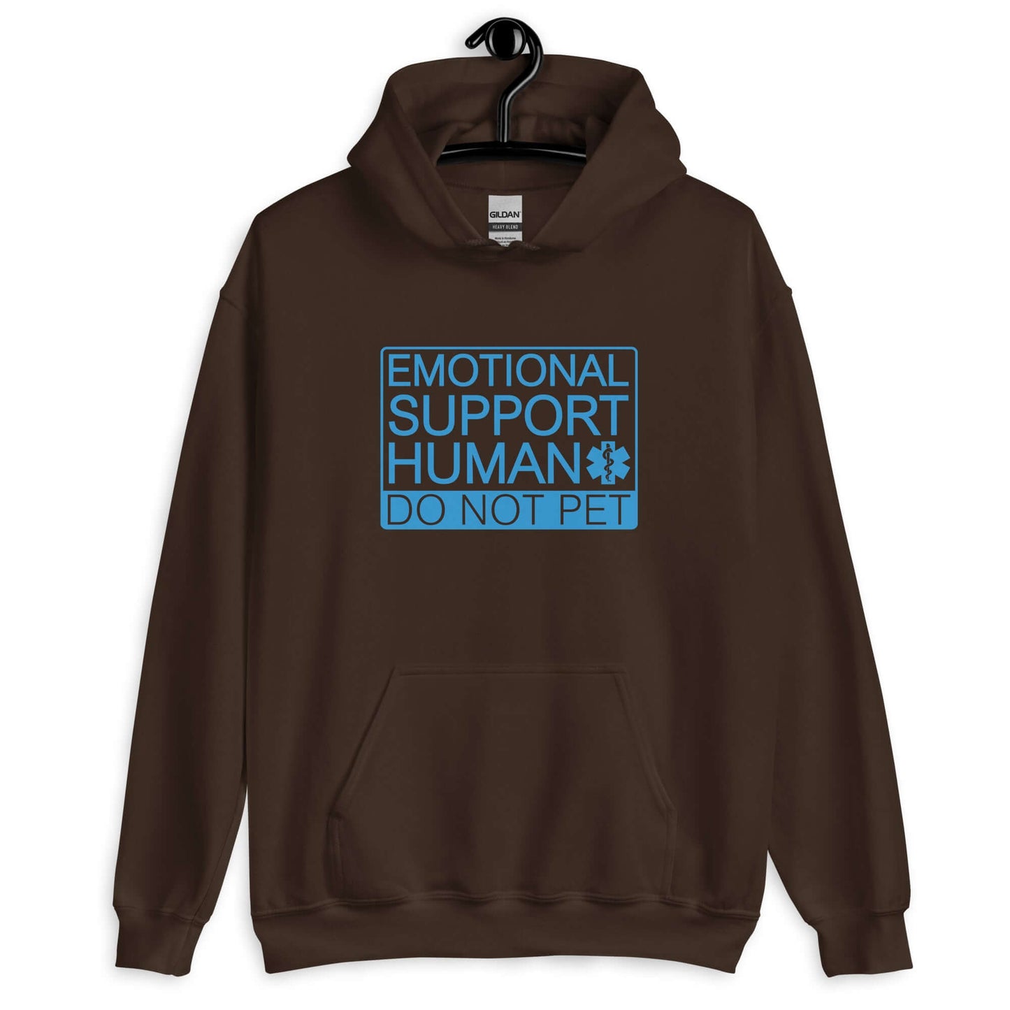 Dark chocolate brown hoodie sweatshirt with the words Emotional support human, do not pet printed on the front.