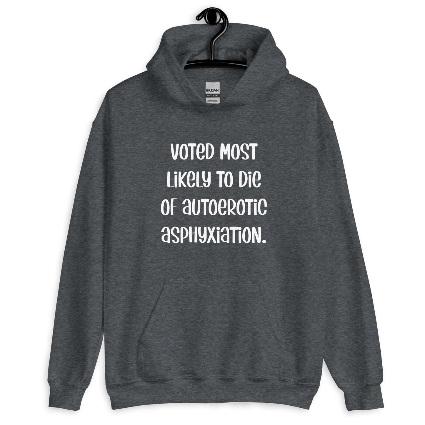 Ddark heather hoodie sweatshirt with the phrase Voted most likely to die of autoerotic asphyxiation printed on the front.
