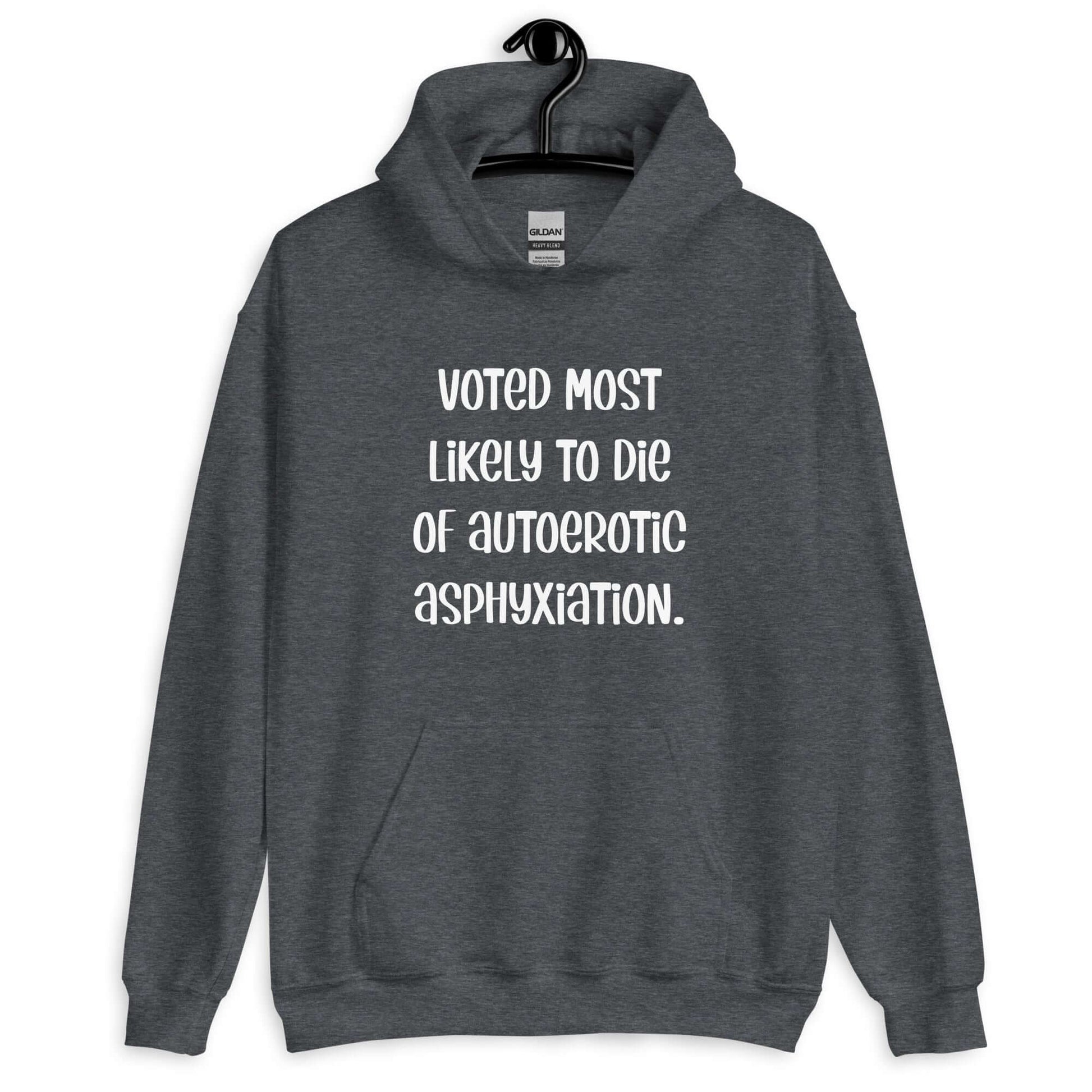 Ddark heather hoodie sweatshirt with the phrase Voted most likely to die of autoerotic asphyxiation printed on the front.