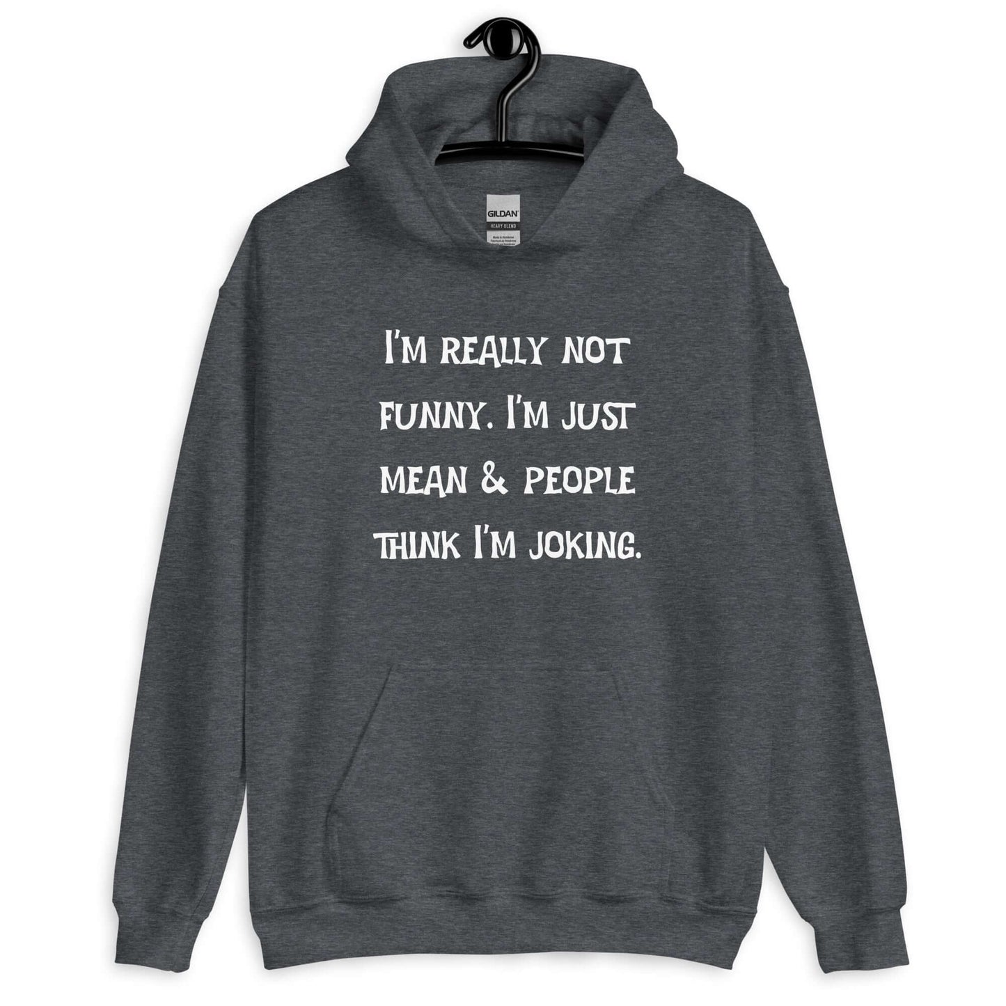 Dark heather hoodie sweatshirt with the phrase I'm really not funny. I'm just mean & people think I'm joking printed on the front.