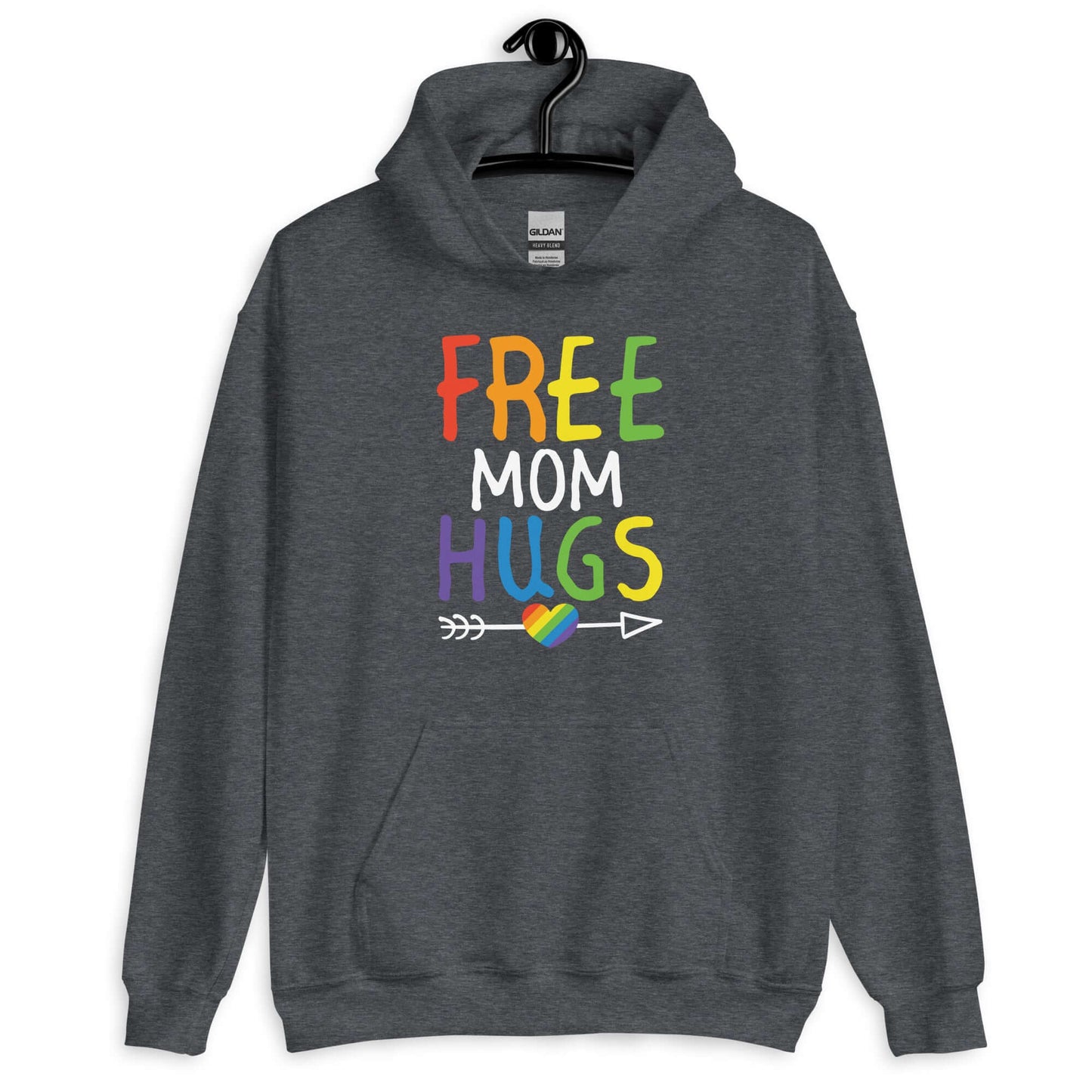 Dark heather grey hoodie sweatshirt with the phrase Free Mom hugs in rainbow lettering printed on the front.