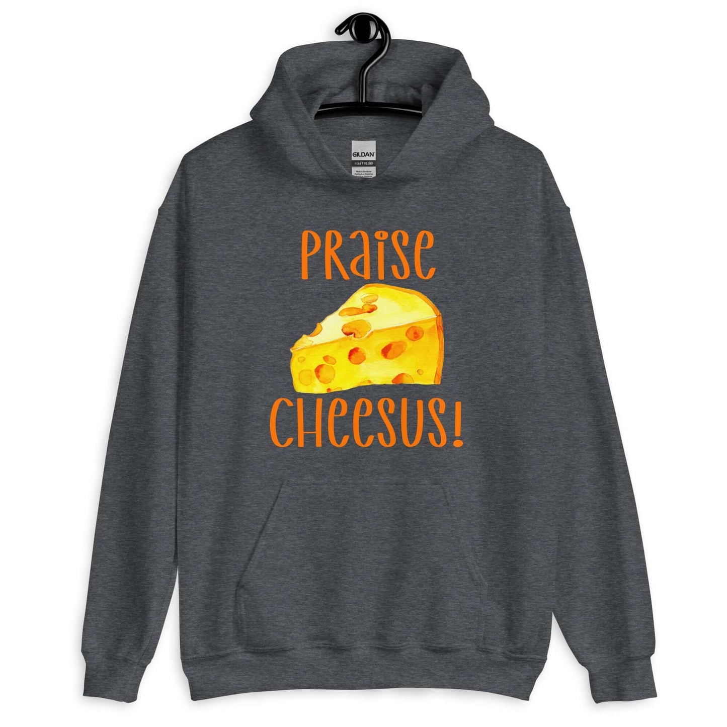 Dark heather hoodie sweatshirt with funny graphics of a piece of swiss cheese and the words Praise Cheesus printed on the front of the hoodie in yellow and orange.