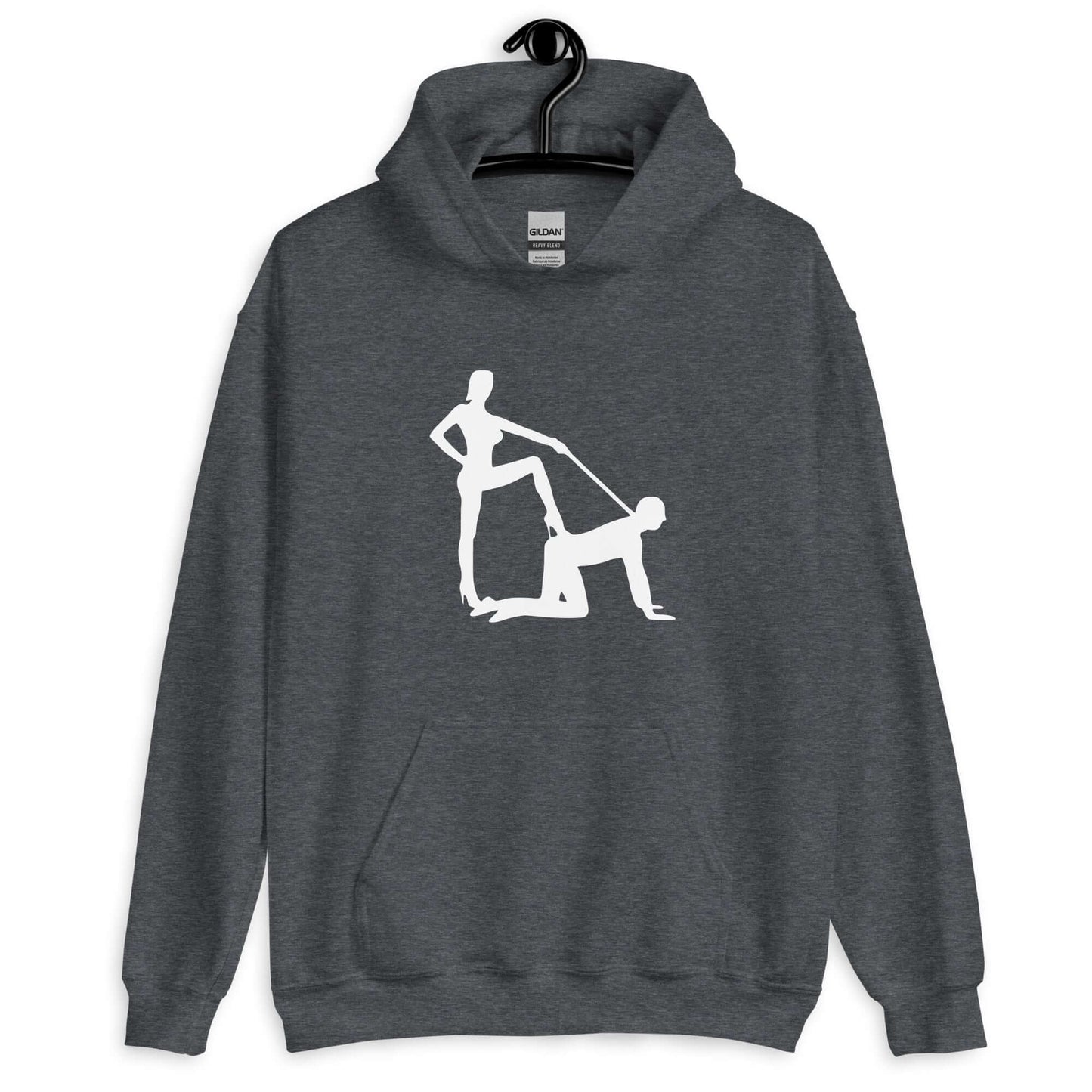Dark heather hoodie sweatshirt with silhouette image of a man on his hands and knees and a dominatrix holding his leash printed on the front.