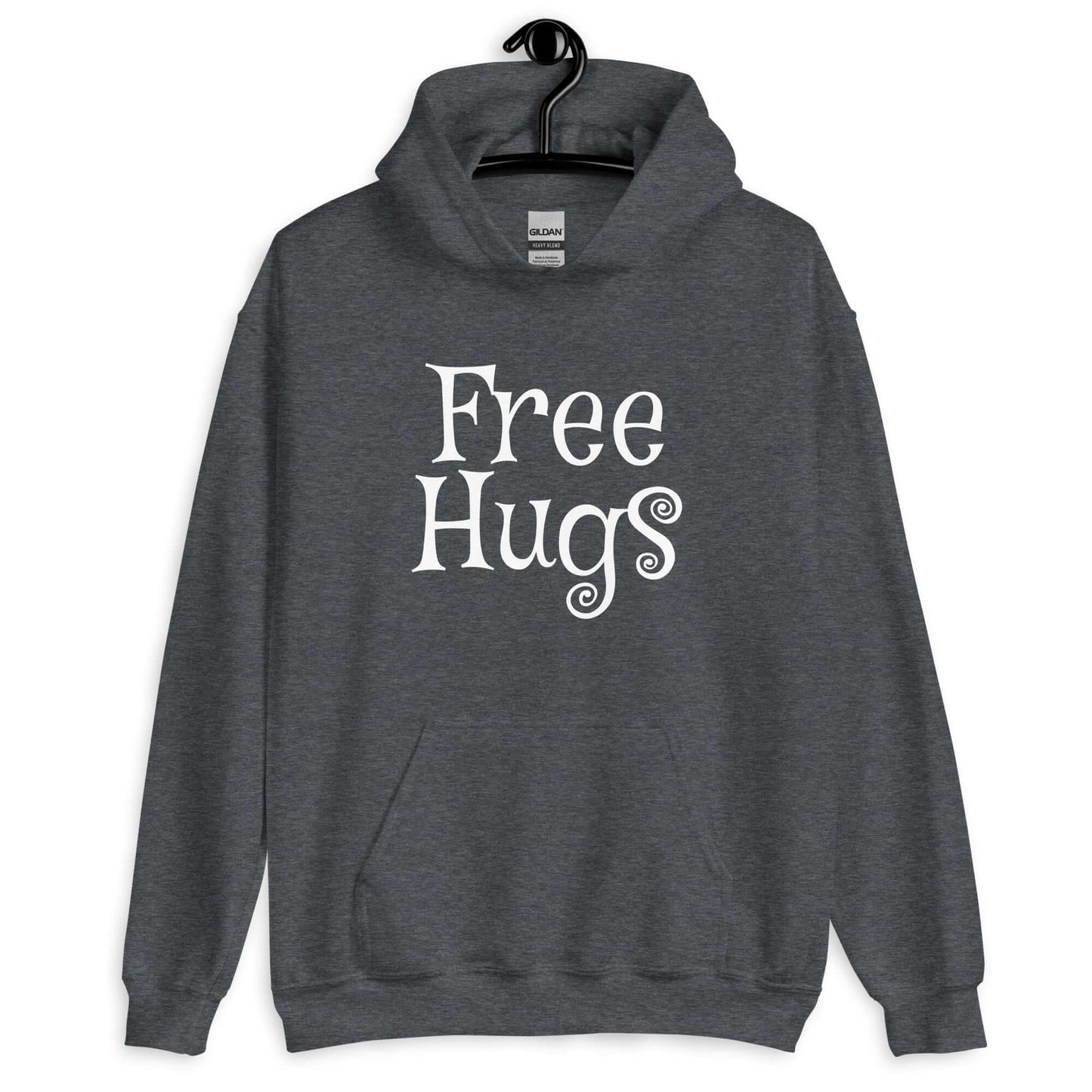 Dark heather hoodie sweatshirt with the words Free Hugs printed on the front.