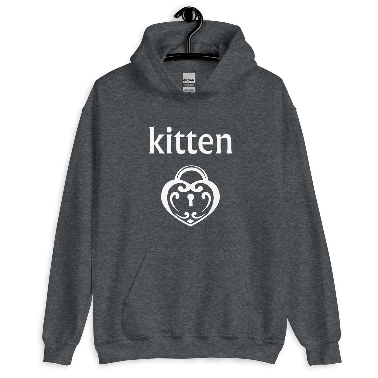 Dark heather grey hoodie sweatshirt with an image of a heart shaped lock and the word kitten printed on the front.