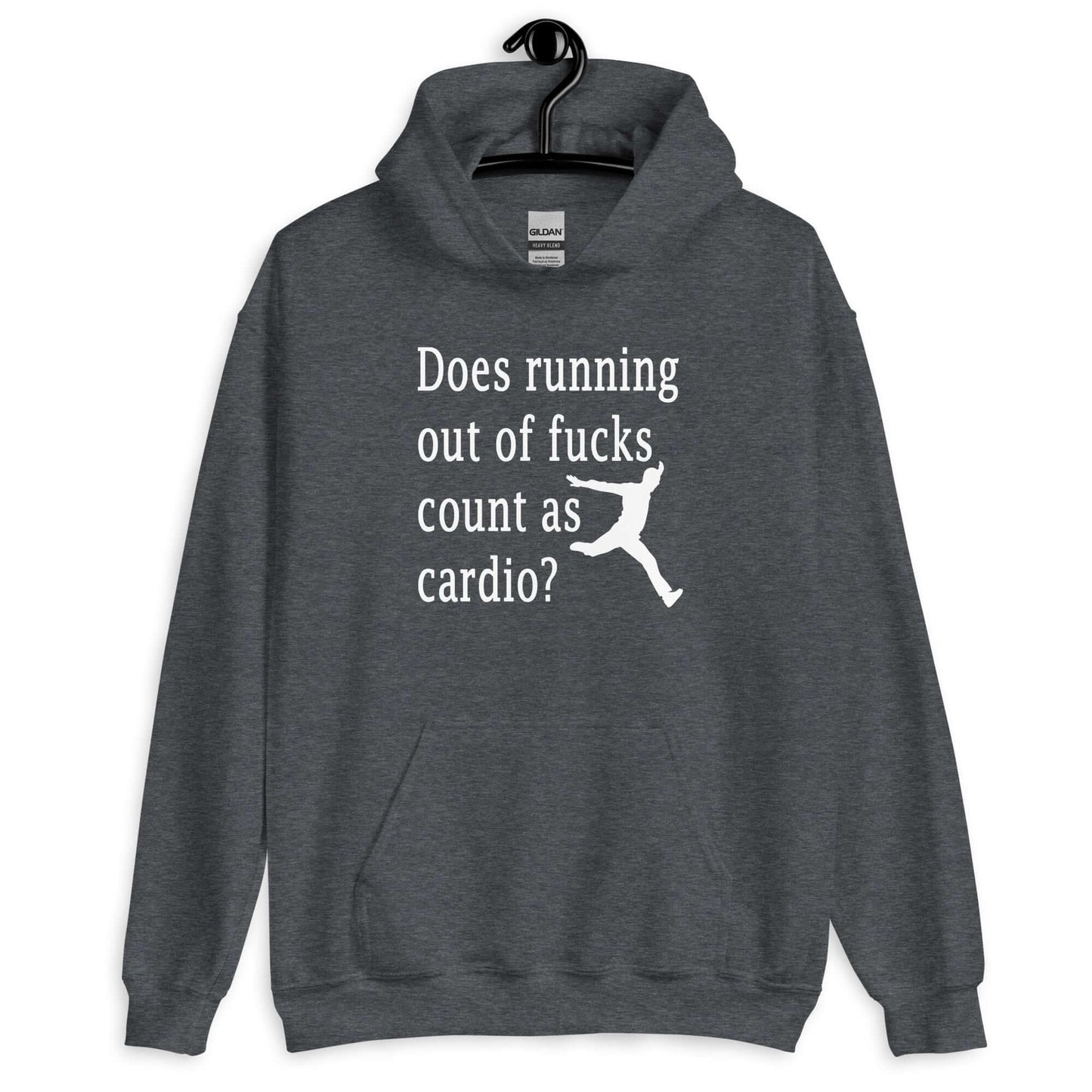 Dark heather hoodie sweatshirt with a silhouette image of a running person with the phrase Does running out of fucks count as cardio question mark printed on the front.