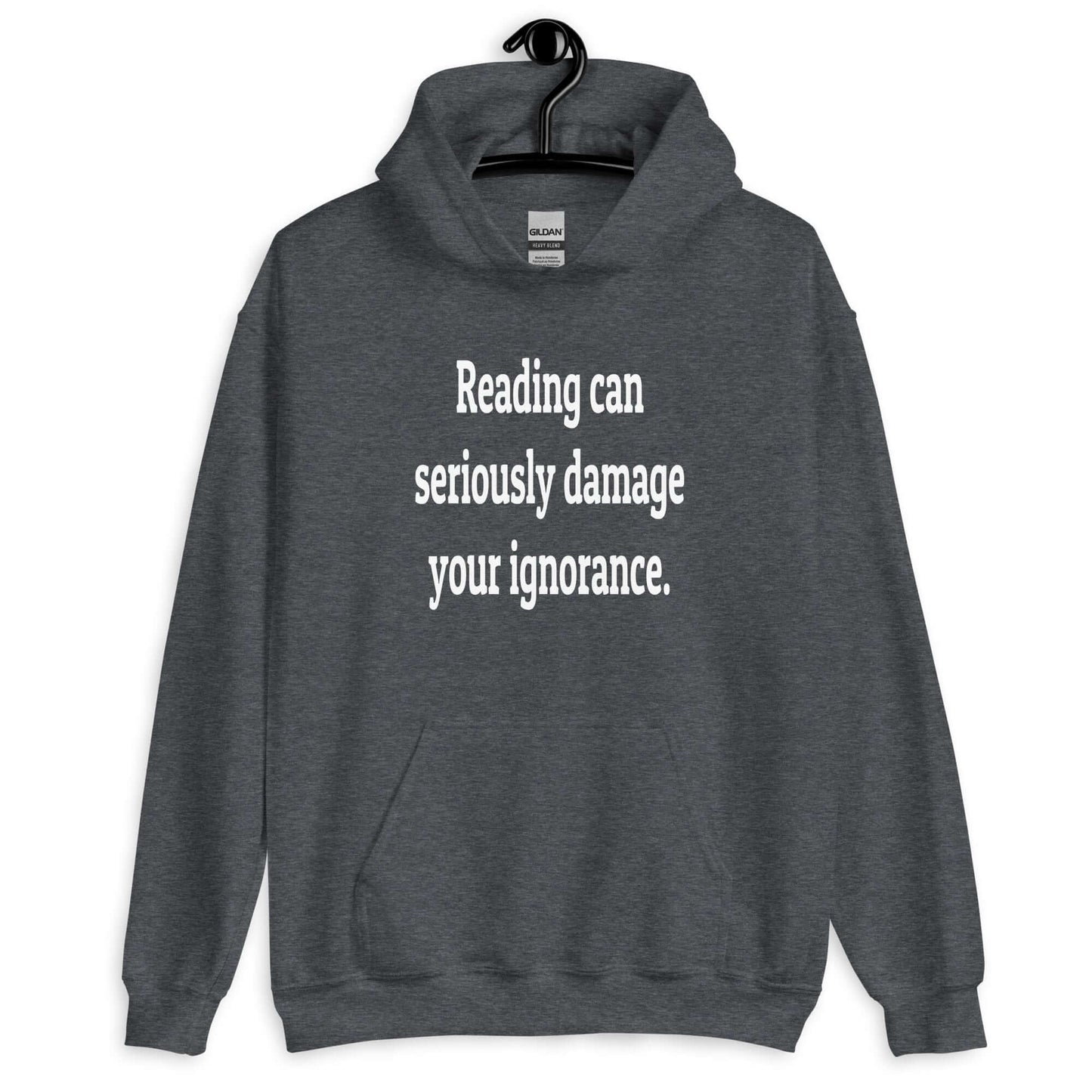 Dark heather hoodie sweatshirt with the phrase Reading can seriously damage your ignorance printed on the front.