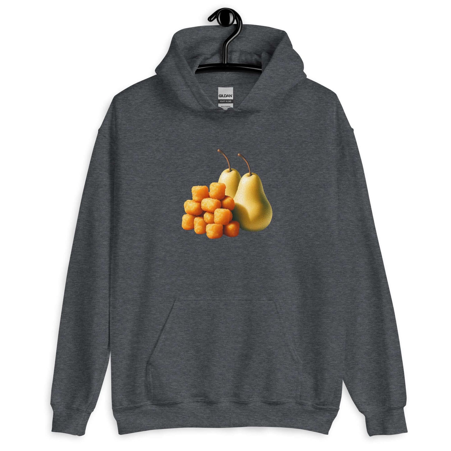 Dark heather grey hoodie sweatshirt with an image of tater tots and two pears printed on the front.